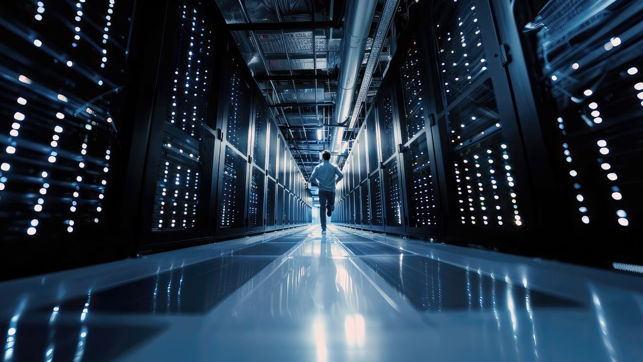 Man running inside a data center.