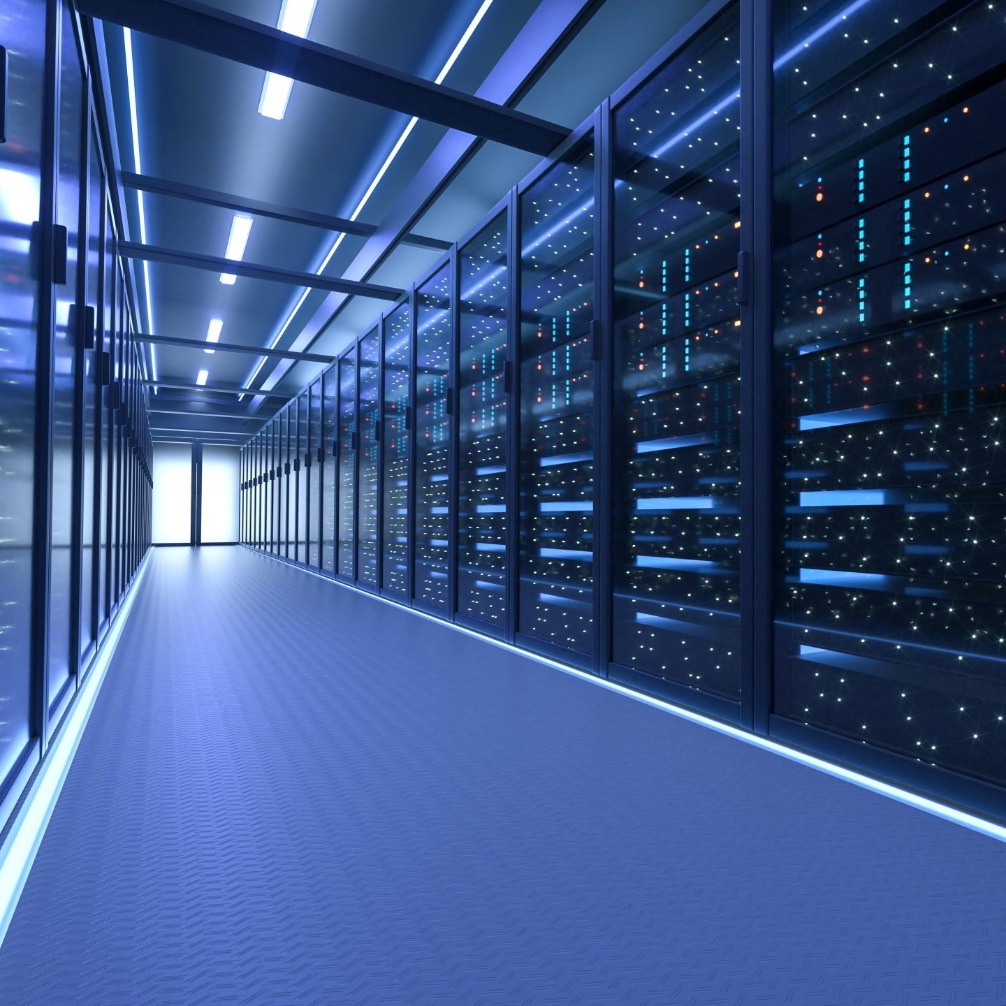 Angled view of an aisle of a data center with rack enclosures and servers