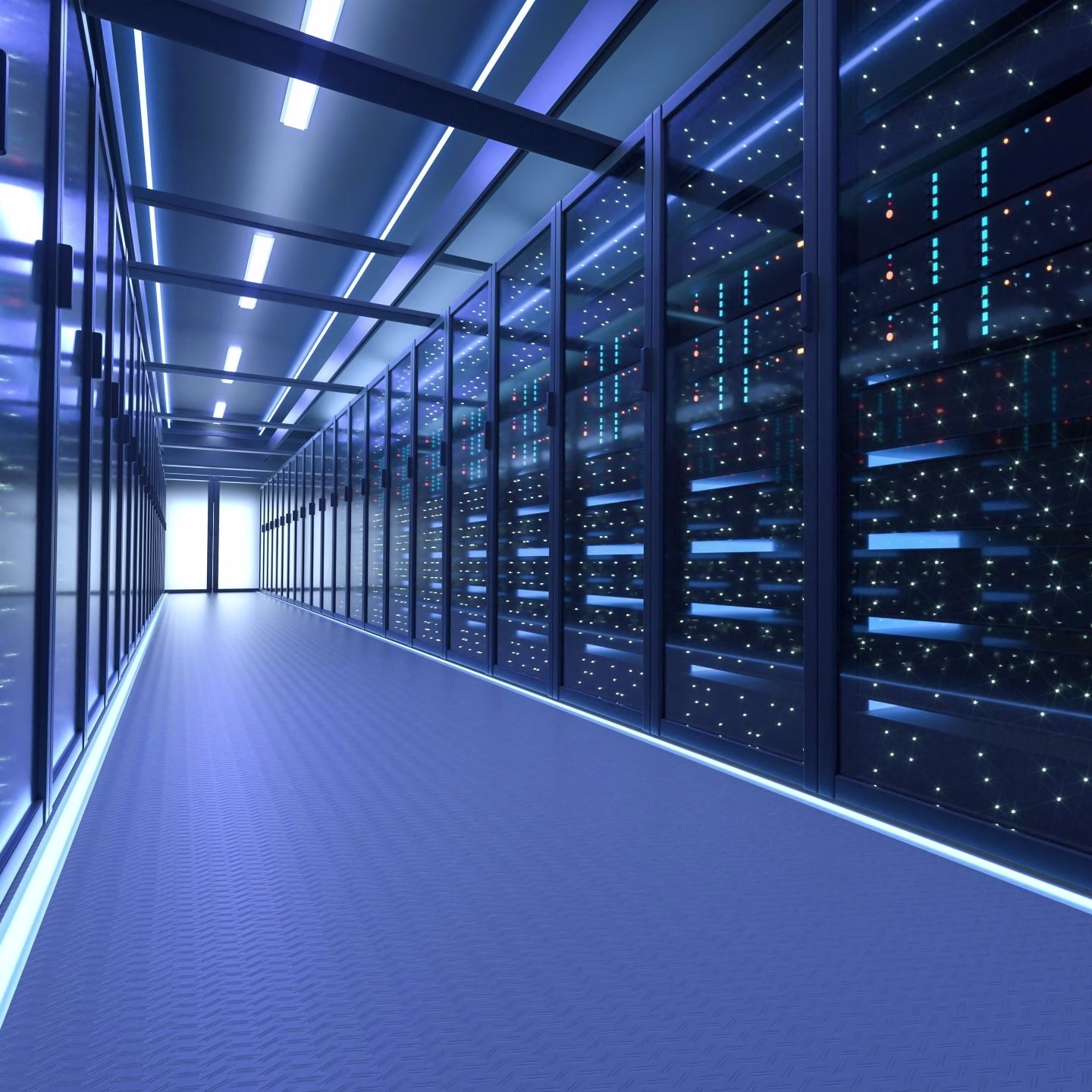 Data center server corridor representing resilient energy solutions, digital infrastructure, and global operations.