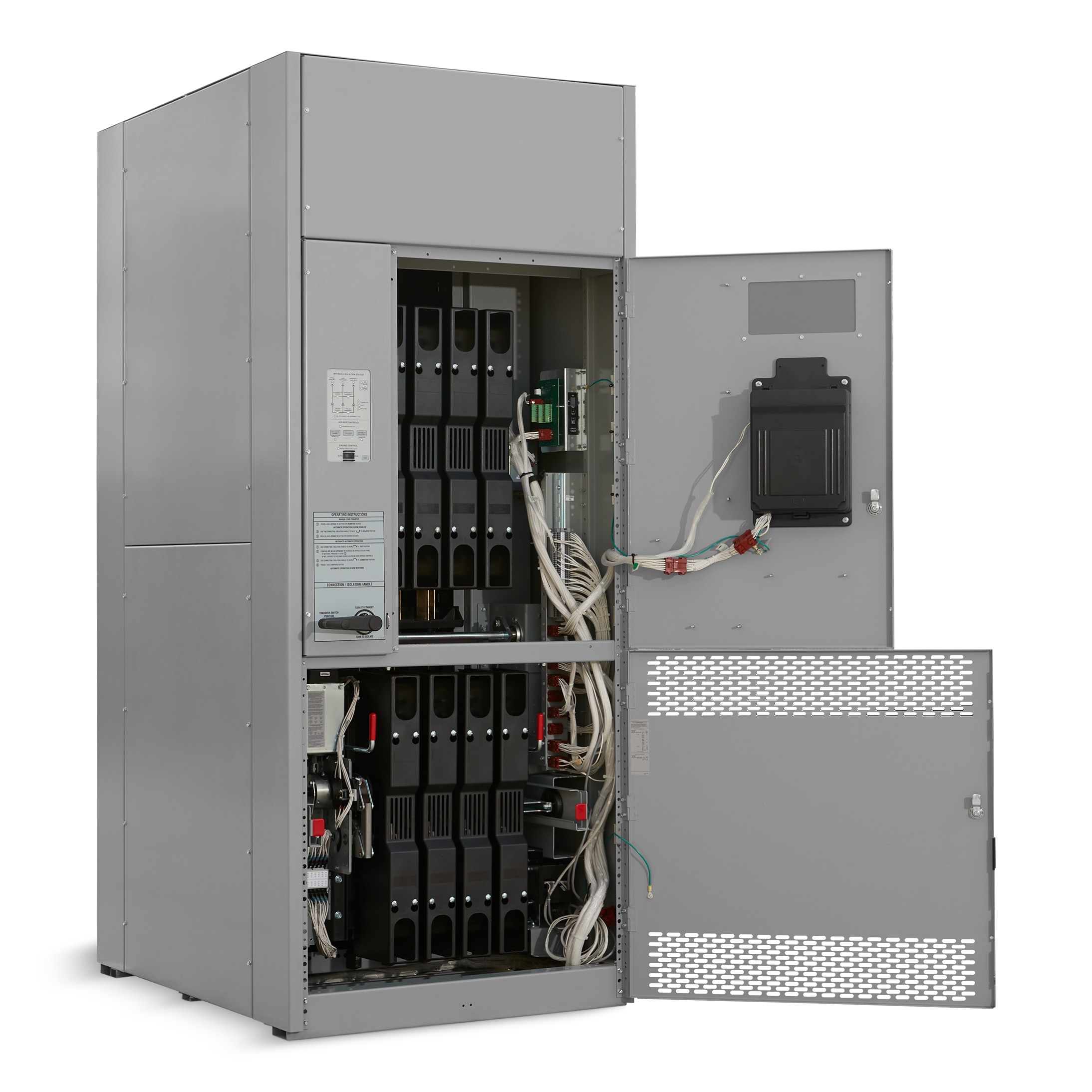 Transfer Switch KAP with its doors open, revealing the internal components, on a white background.