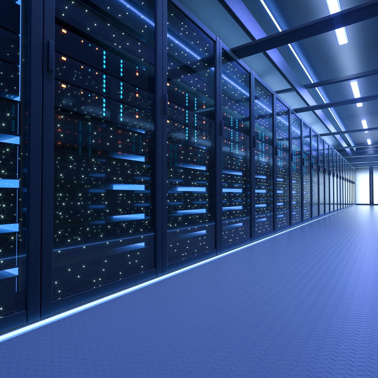 Data Center rack enclosures with sparkling lights from the servers