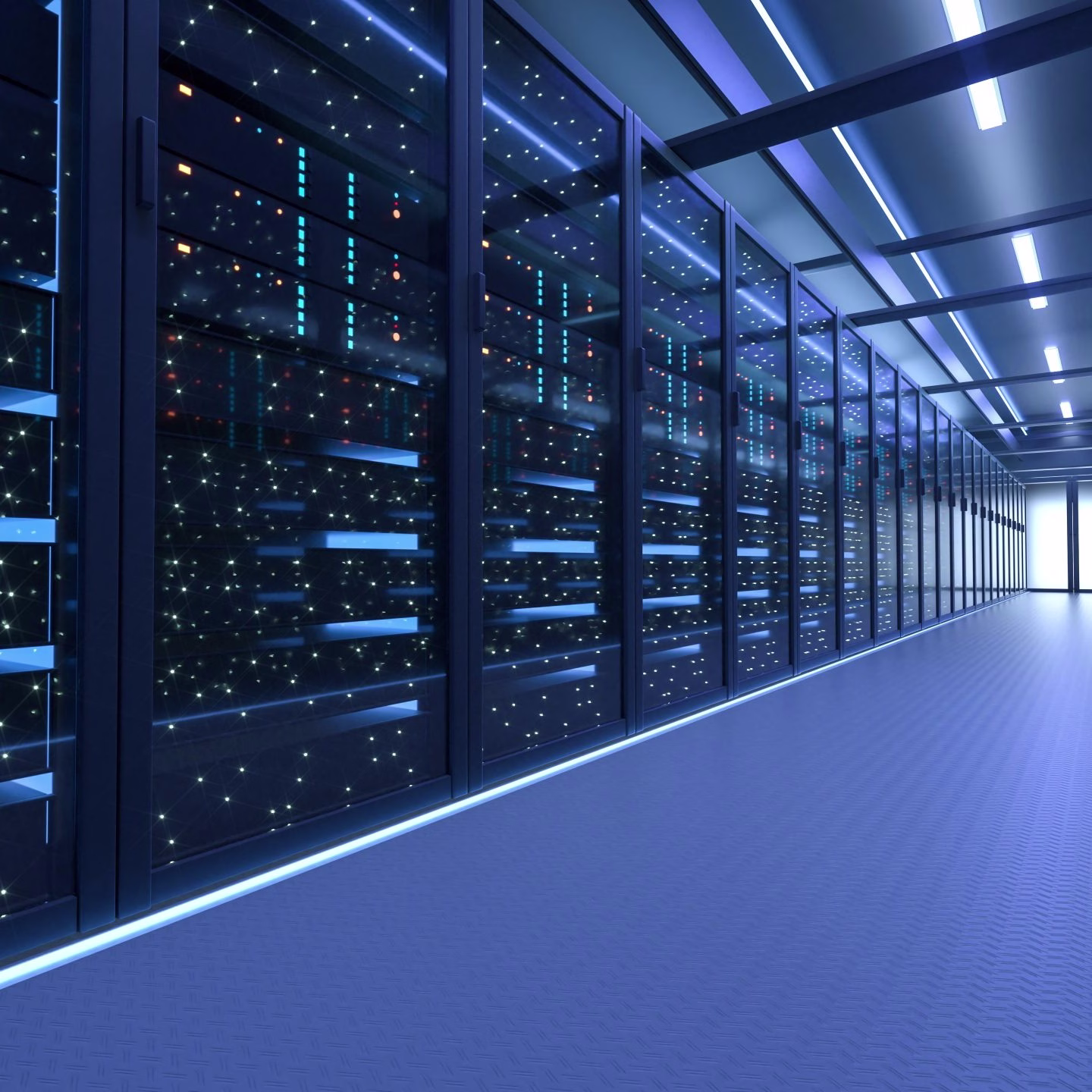 Data Center rack enclosures with sparkling lights from the servers