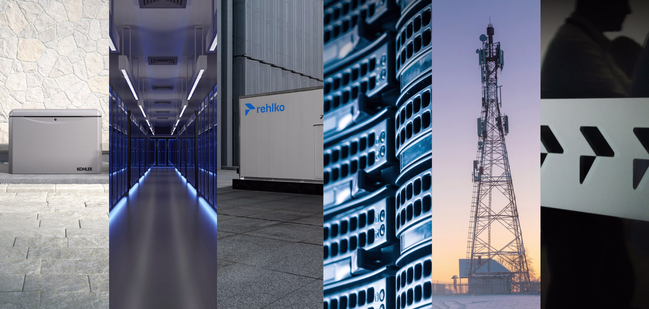 Collage of Rehlko businesses supporting power generation, data centers, telecommunications, and home energy solutions.