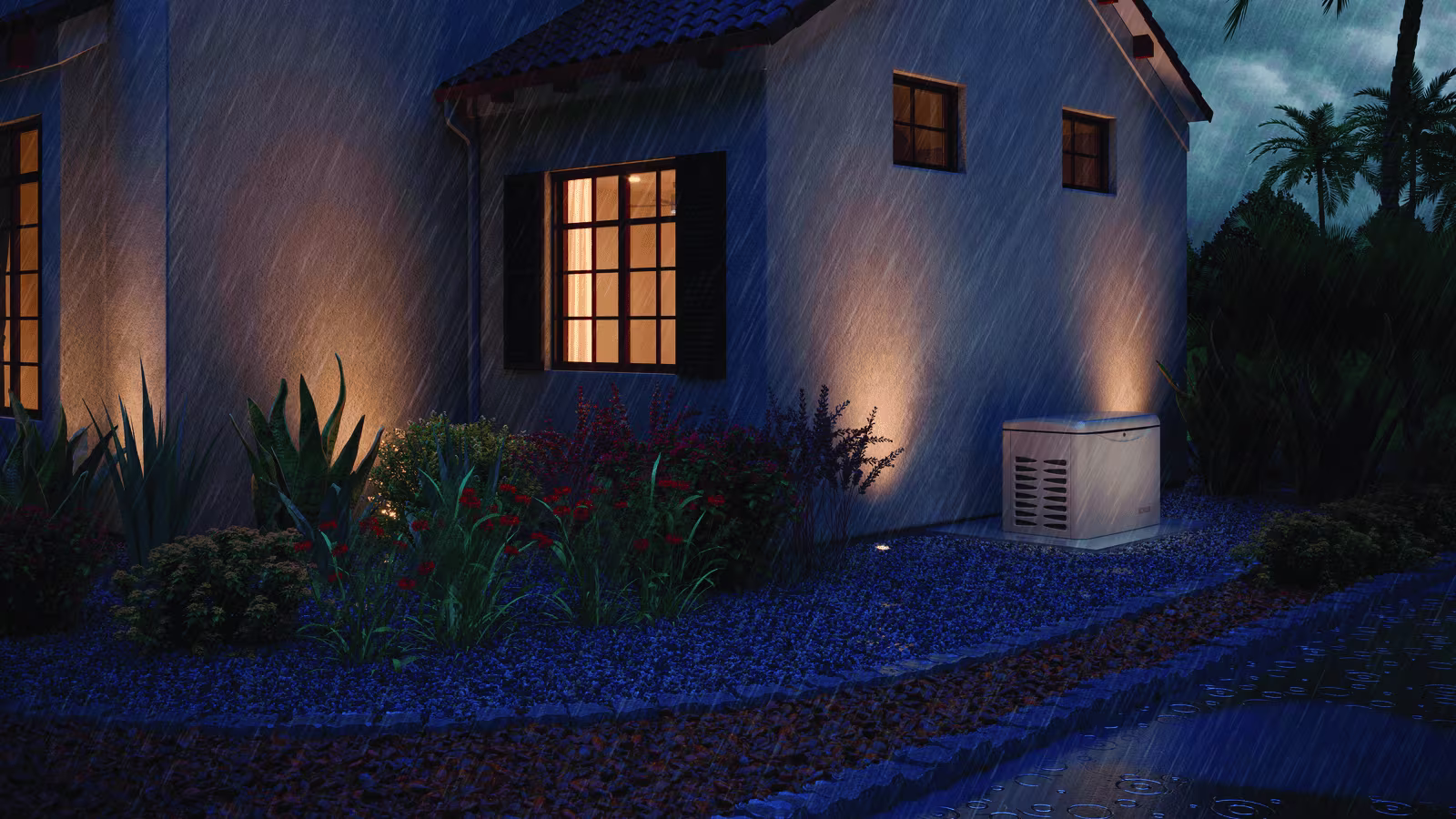 A house seen from outside during heavy rain, with its interior lights on. A portable generator sits outside, powering the home through the storm.