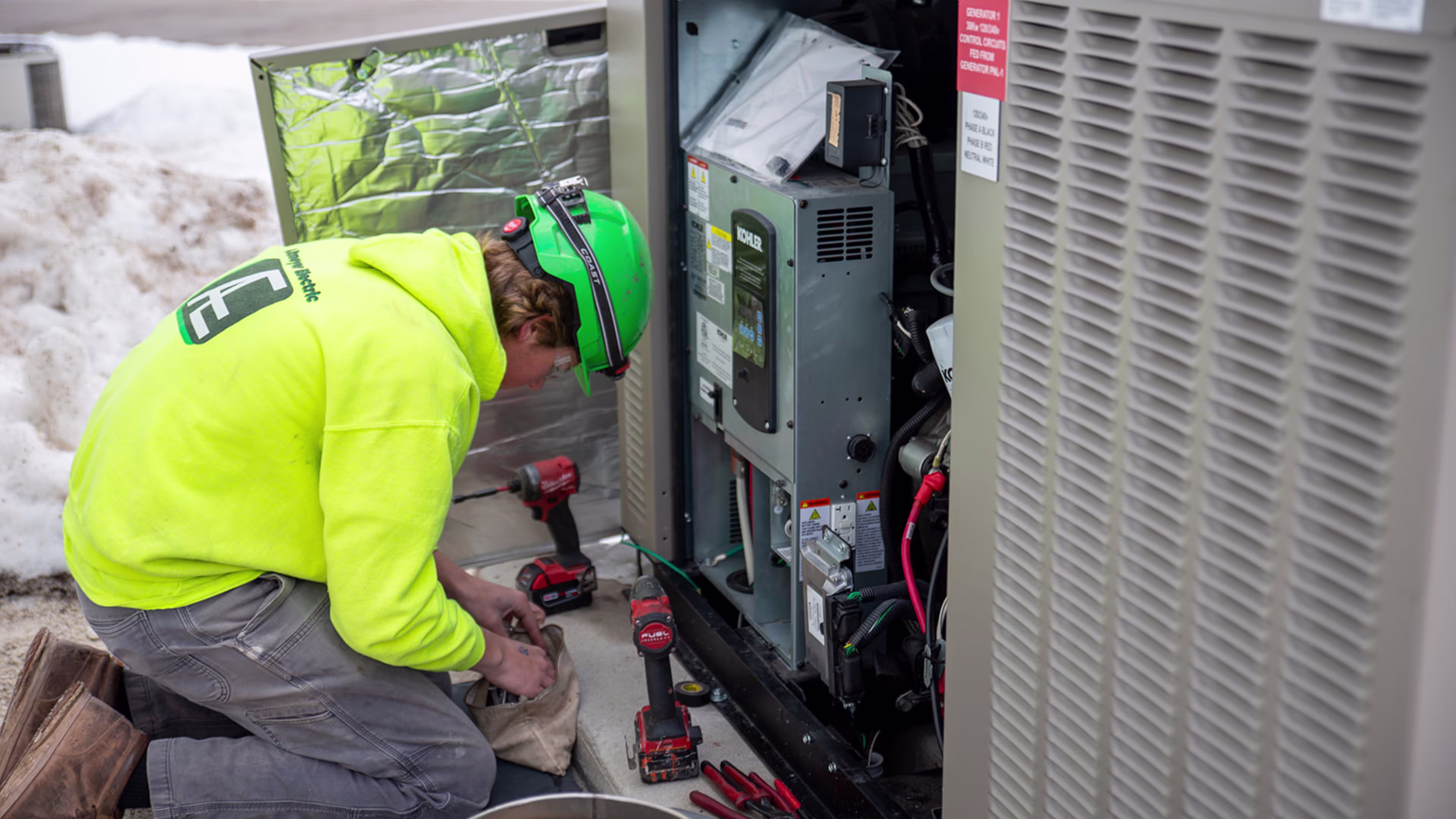 Professional working on a generator with tools and wearing helmet