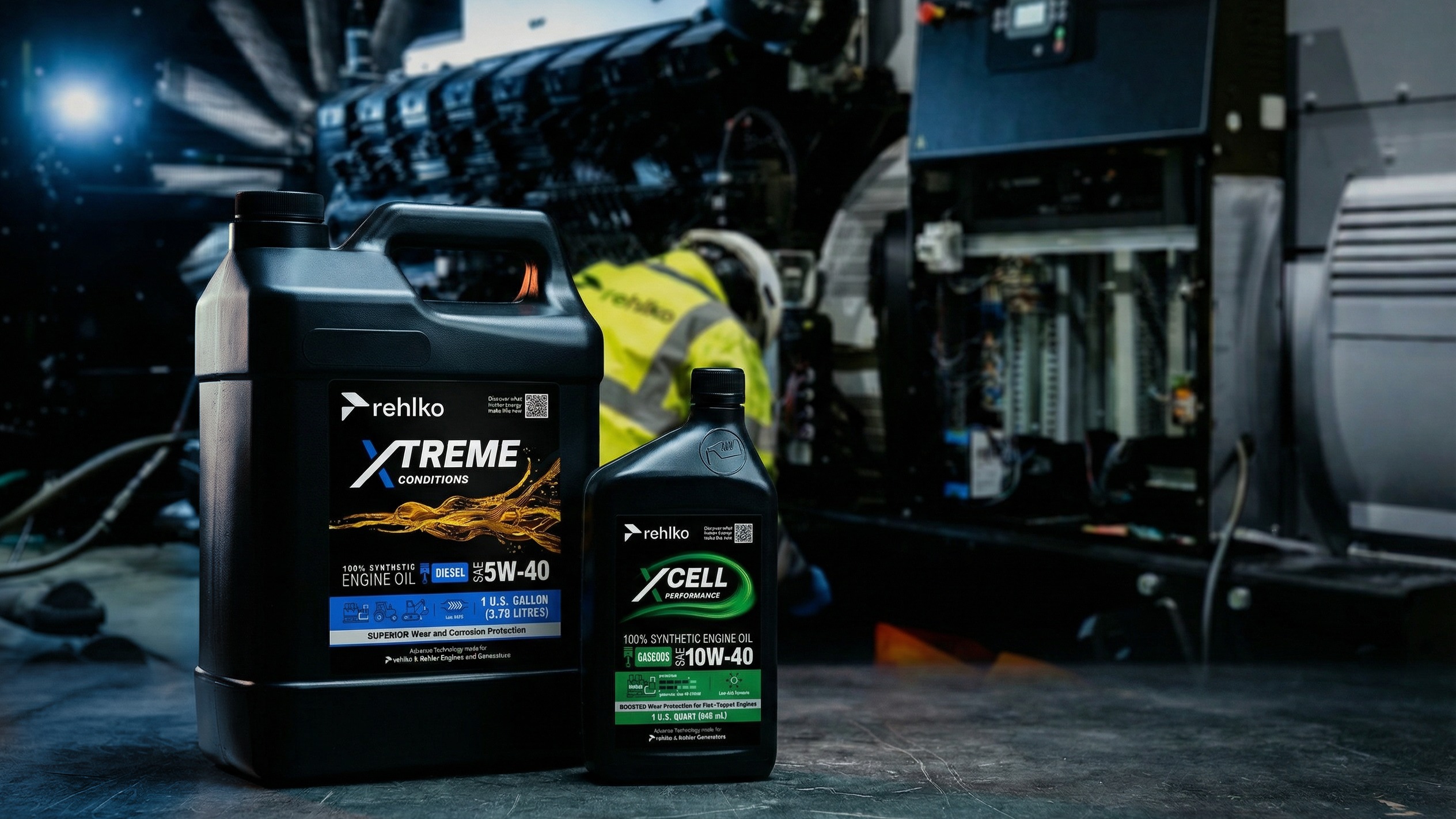 Two bottles of oil for generators on a factory floor.