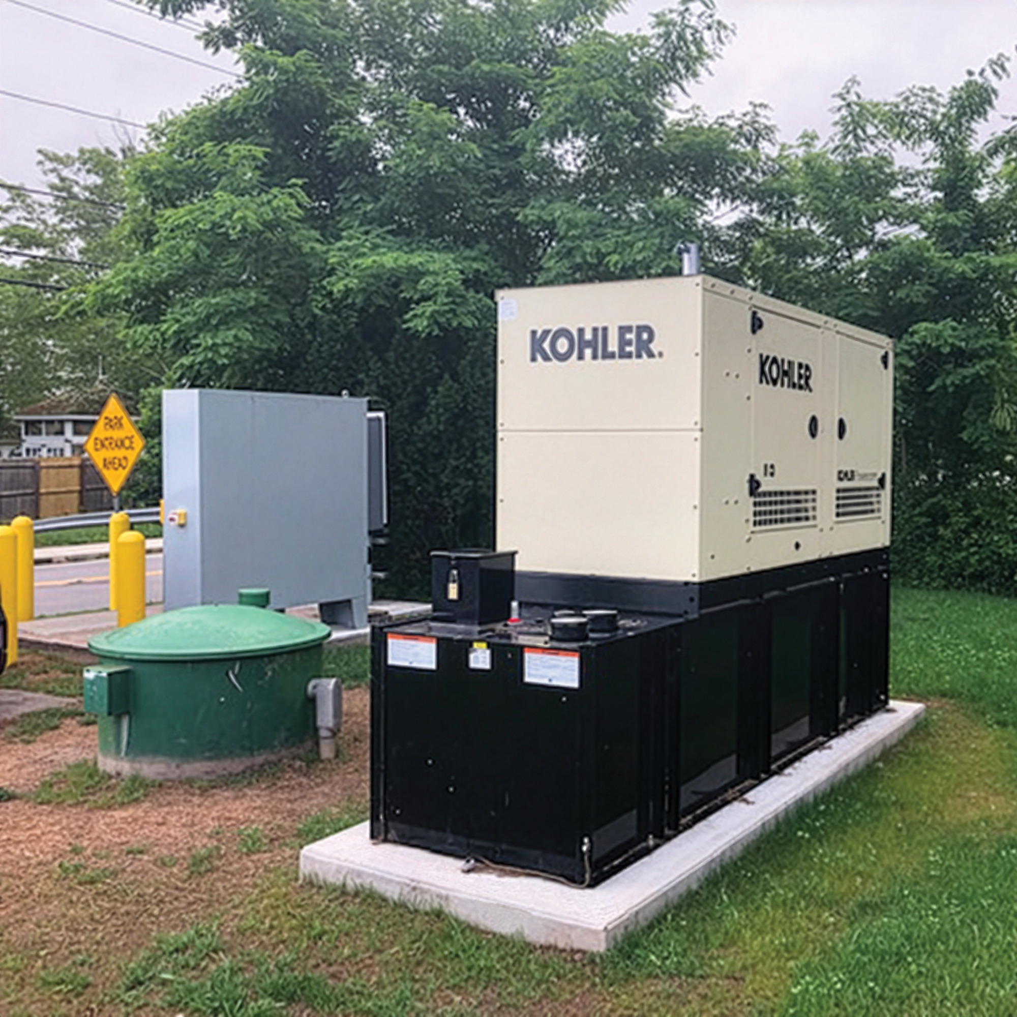 Generator outdoors over a concrete rectangle and trees on the background.
