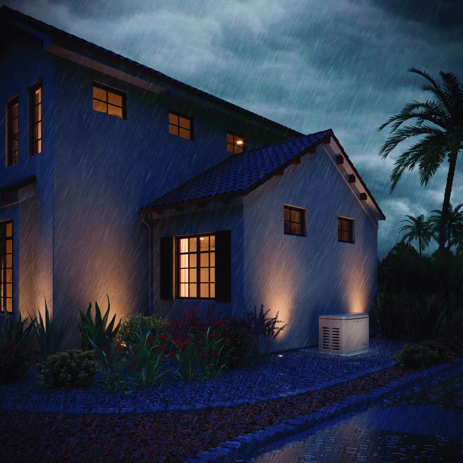 A house seen from outside during heavy rain, with its interior lights on. A portable generator sits outside, powering the home through the storm.