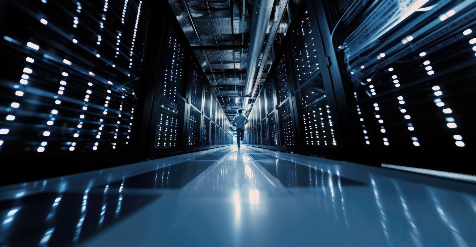 Man running in data center - The world runs on data, and that data depends on always-on infrastructure. That’s why Rehlko’s mission is keep your business running, no matter what. 
