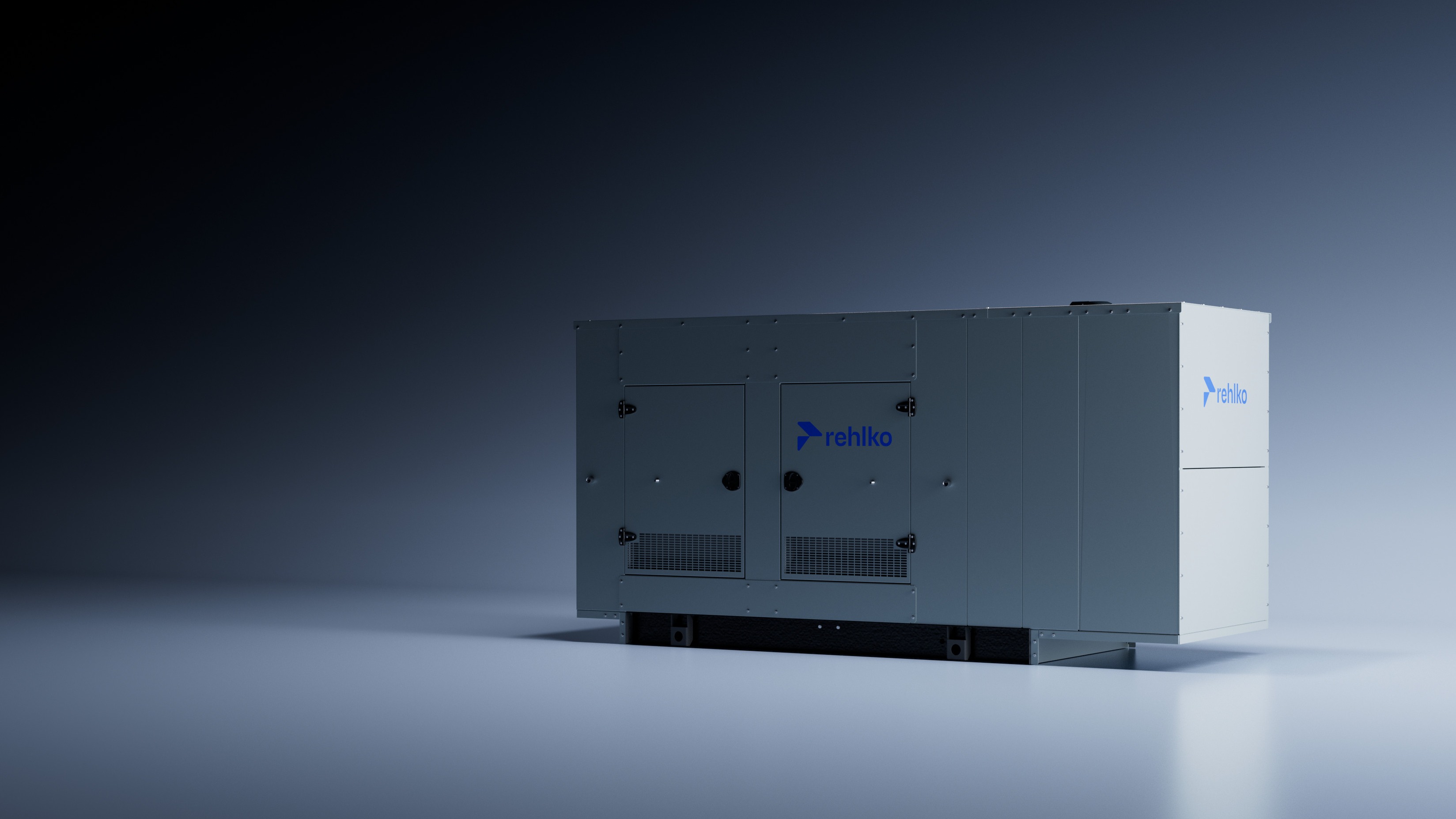 Angled view of a Rehlko new KD Series generator in a dark gradient background