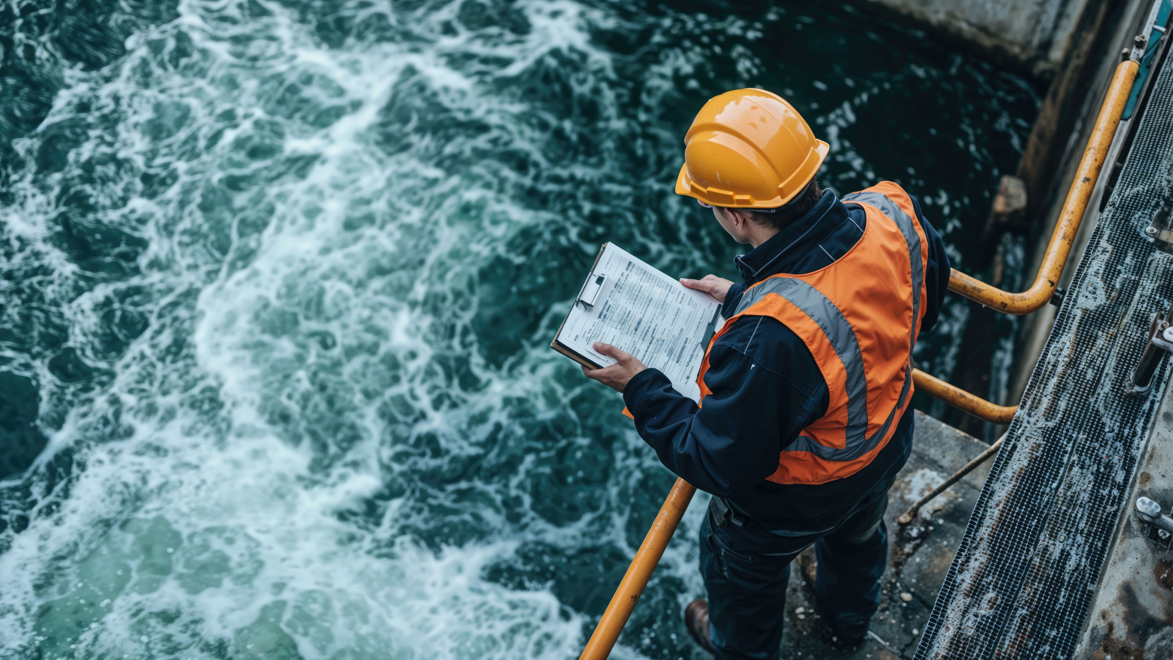 Man with orange vest and helmet looking at a water tank.