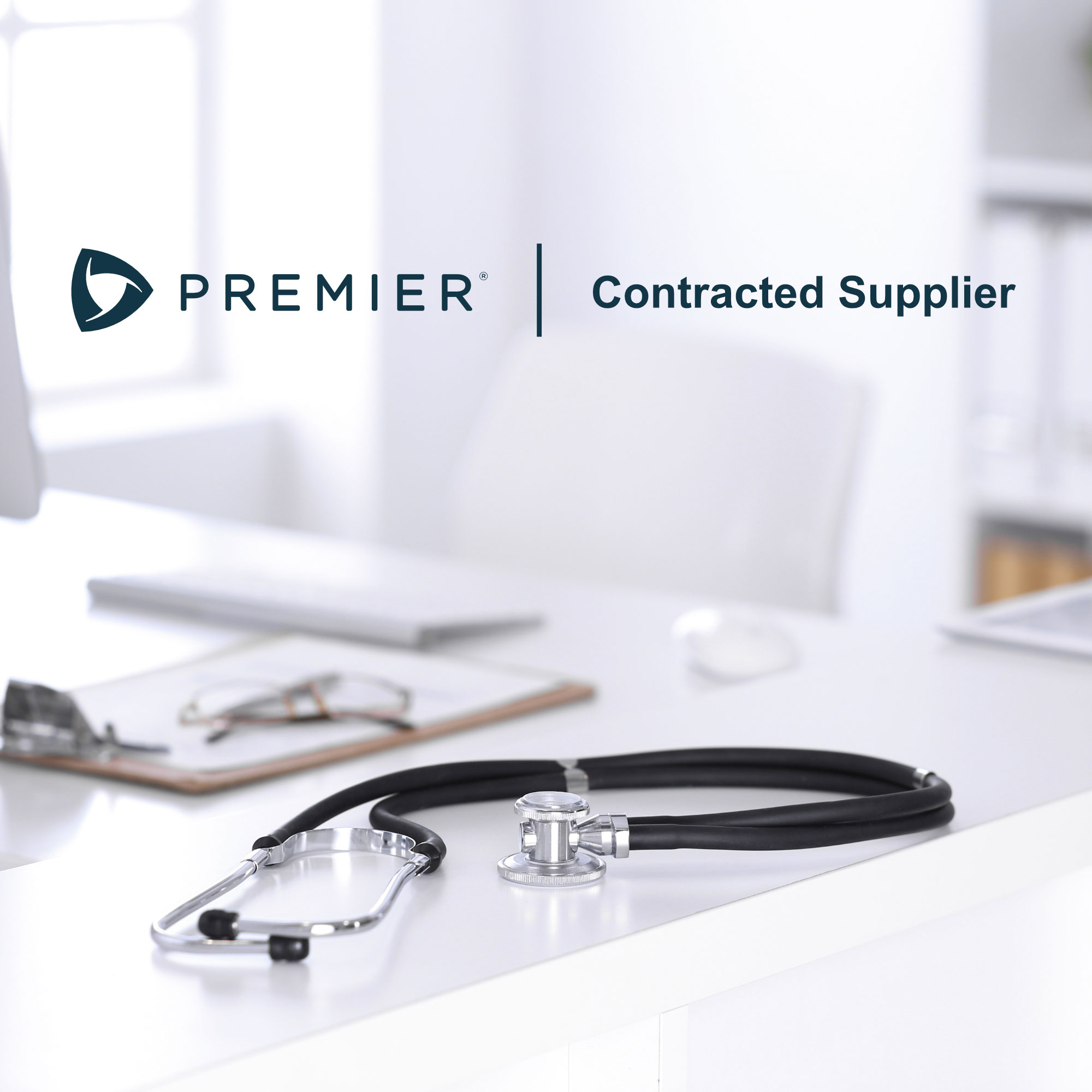 Stethoscope, eye glasses and clipboard on a desk.