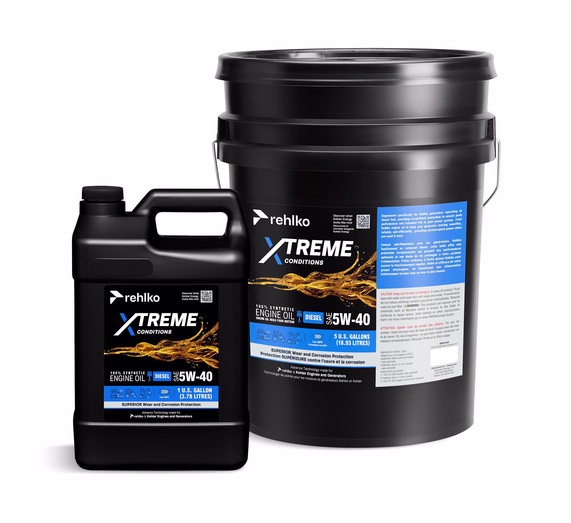 Decorative image with two bottles of Rehlko Genuine Oil for Diesel Generator