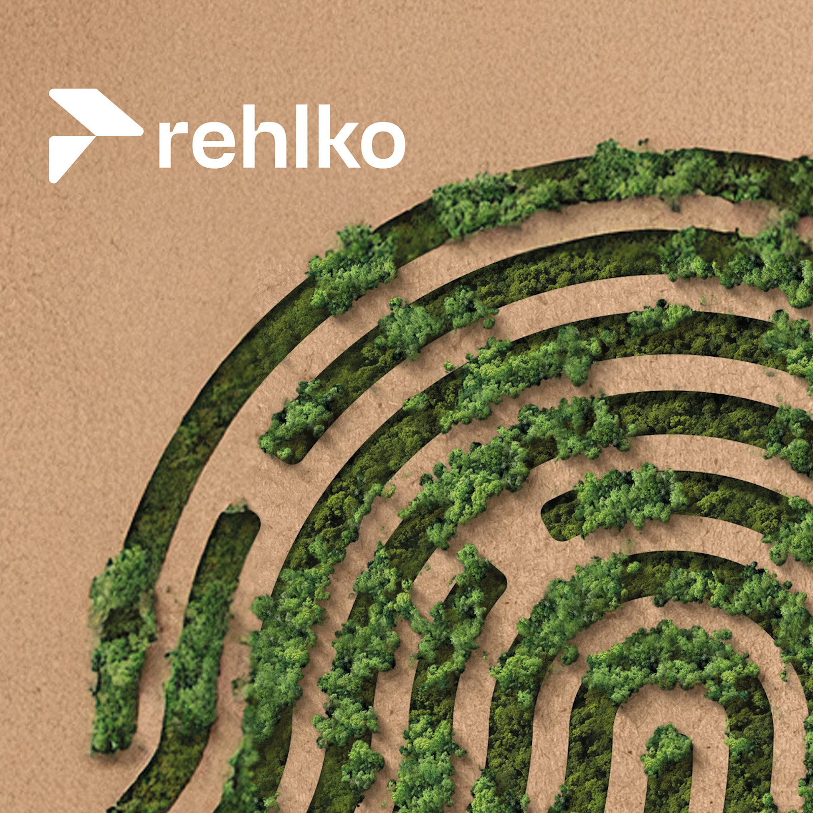 Rehlko logo above a fingerprint-shaped pattern filled with green foliage on a textured paper background.