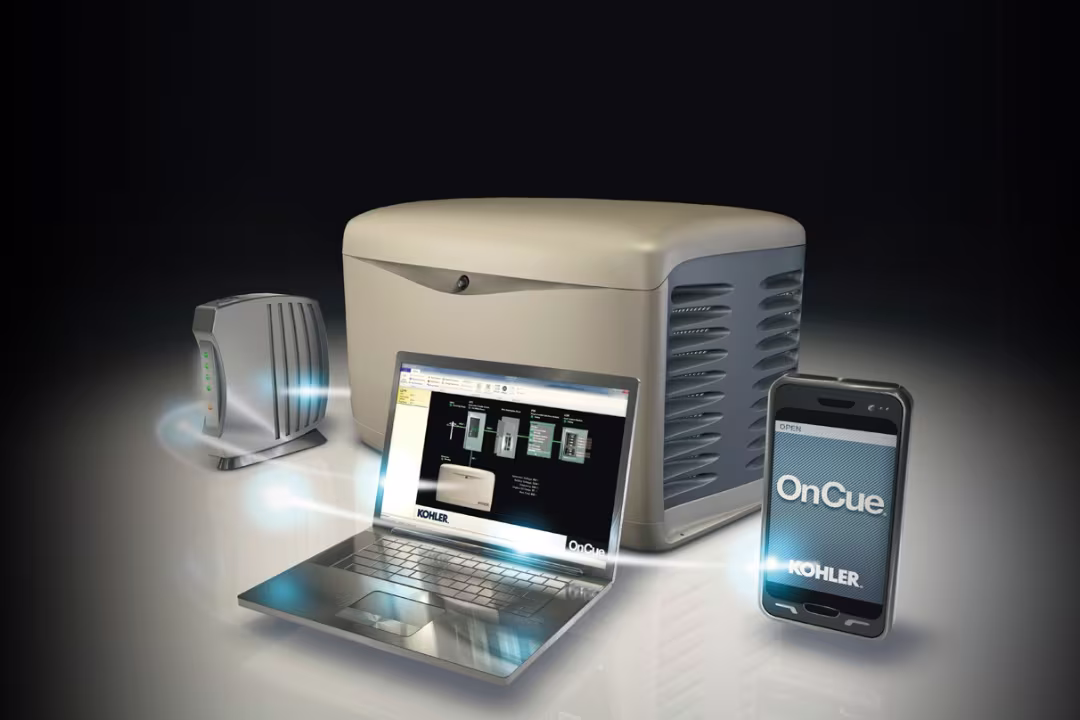 Colored product picture highlighting a laptop, cellphone, and a portable generator on a dark background.