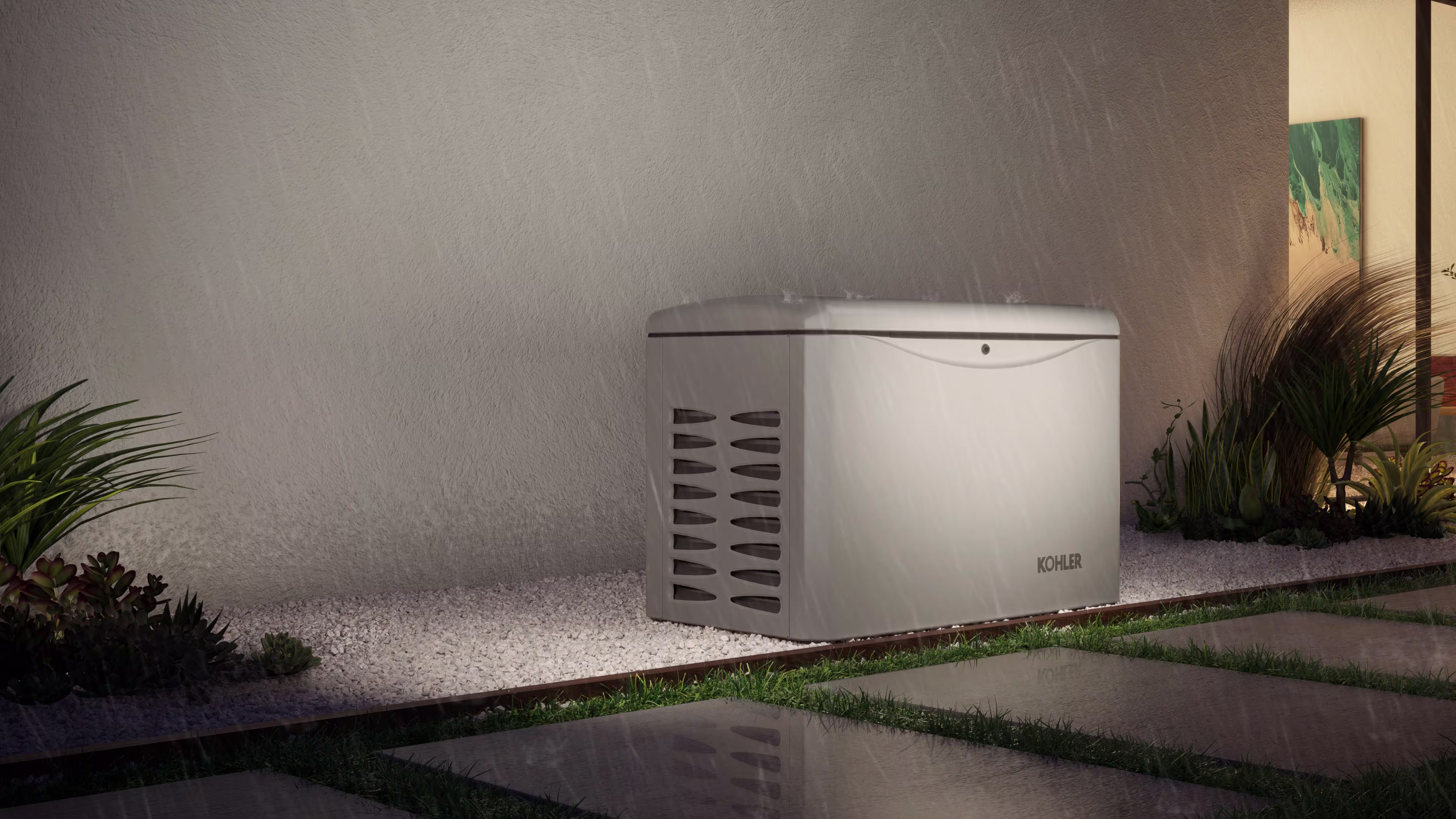 The exterior of a modern white house with a generator along the wall in a rainy night with lights inside and outside the house.