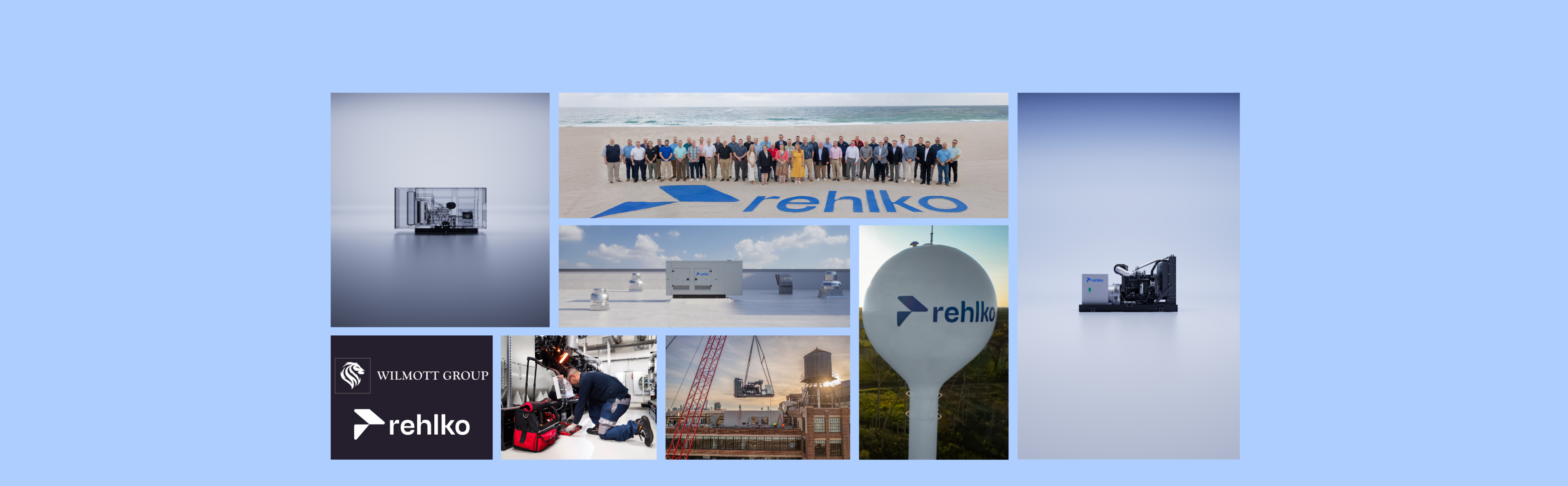 Collage with multiple images about Rehlko: products, logo, team.