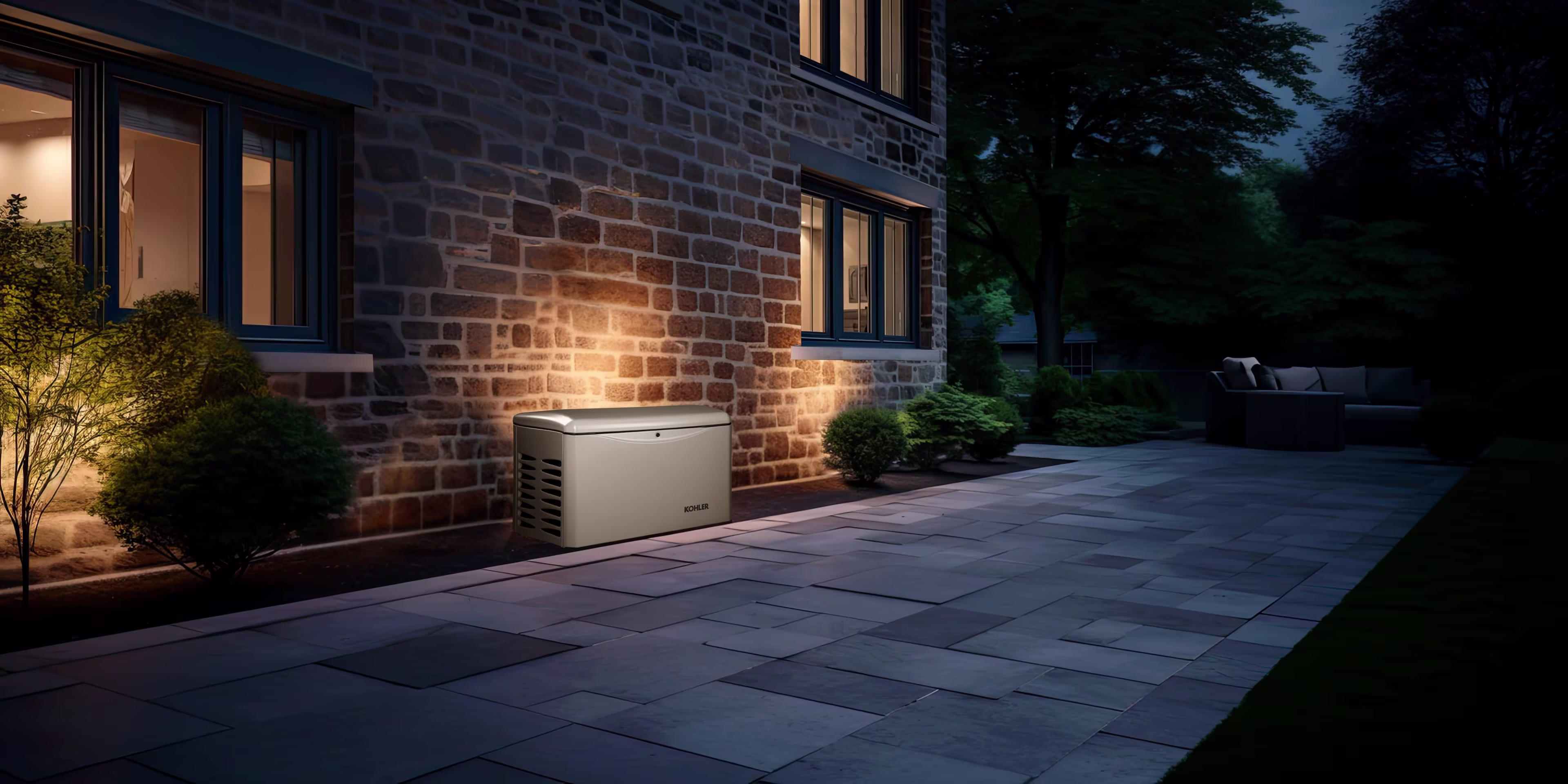 A portable generator positioned outdoors near a house, with a textured brick wall visible behind it, placed on a concrete or paved surface.