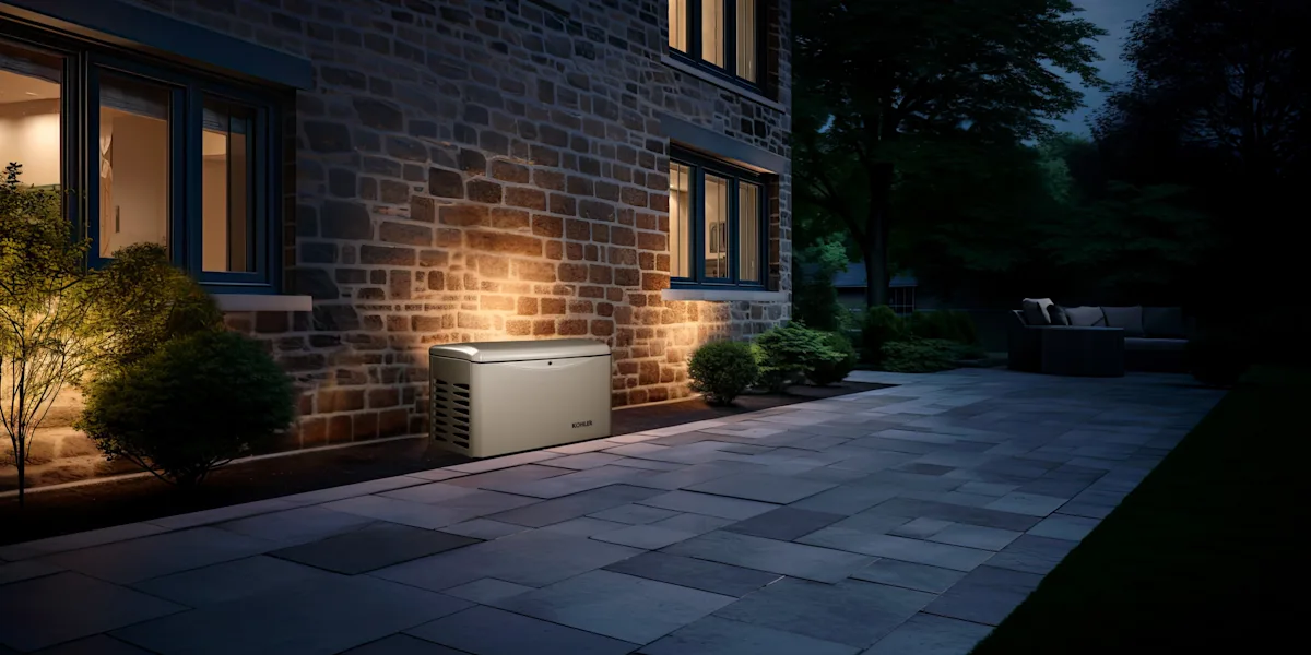 Kohler standby generator installed on a pad beside a brick home