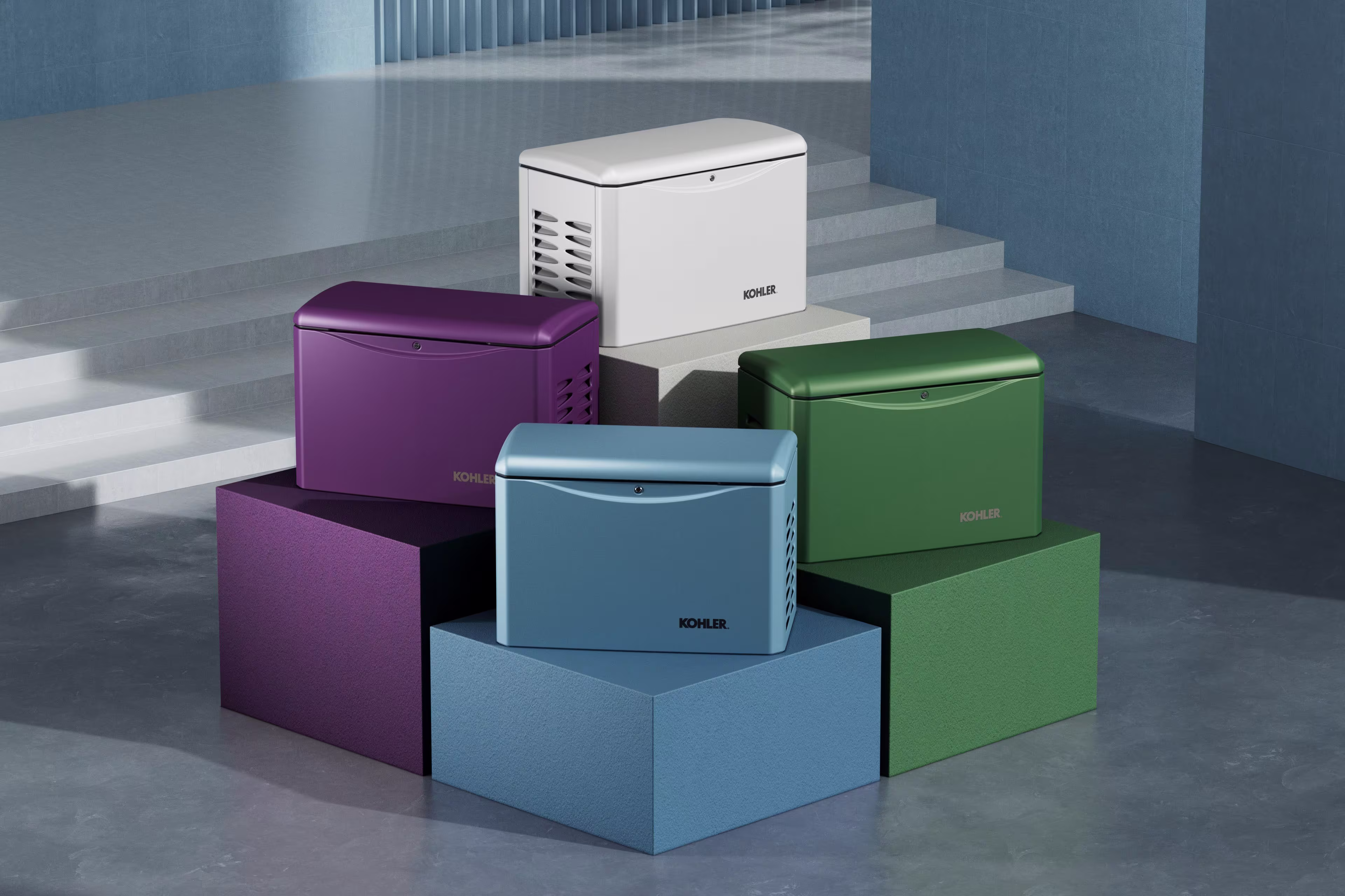 Four home generators in different colors on pedestals of matching colors.