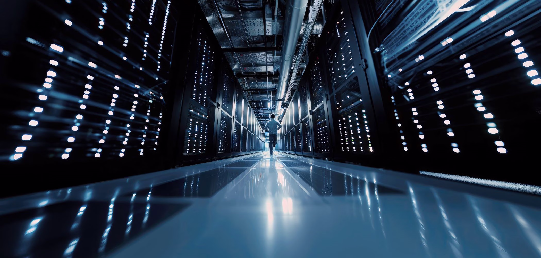 Man running inside a data center.