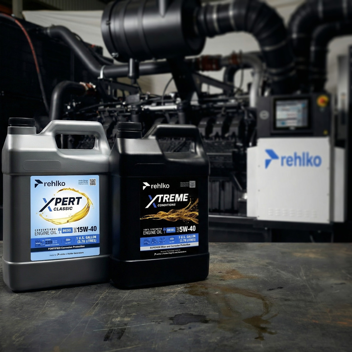 Rehlko genuine diesel engine oil containers, including XPERT Classic 15W-40 and XTREME Conditions 5W-40, displayed in an industrial generator facility with heavy-duty engine equipment in the background.