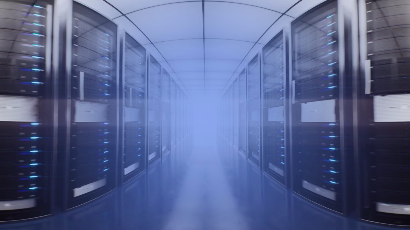 Data center server corridor representing secure, resilient power infrastructure and reliable digital operations.