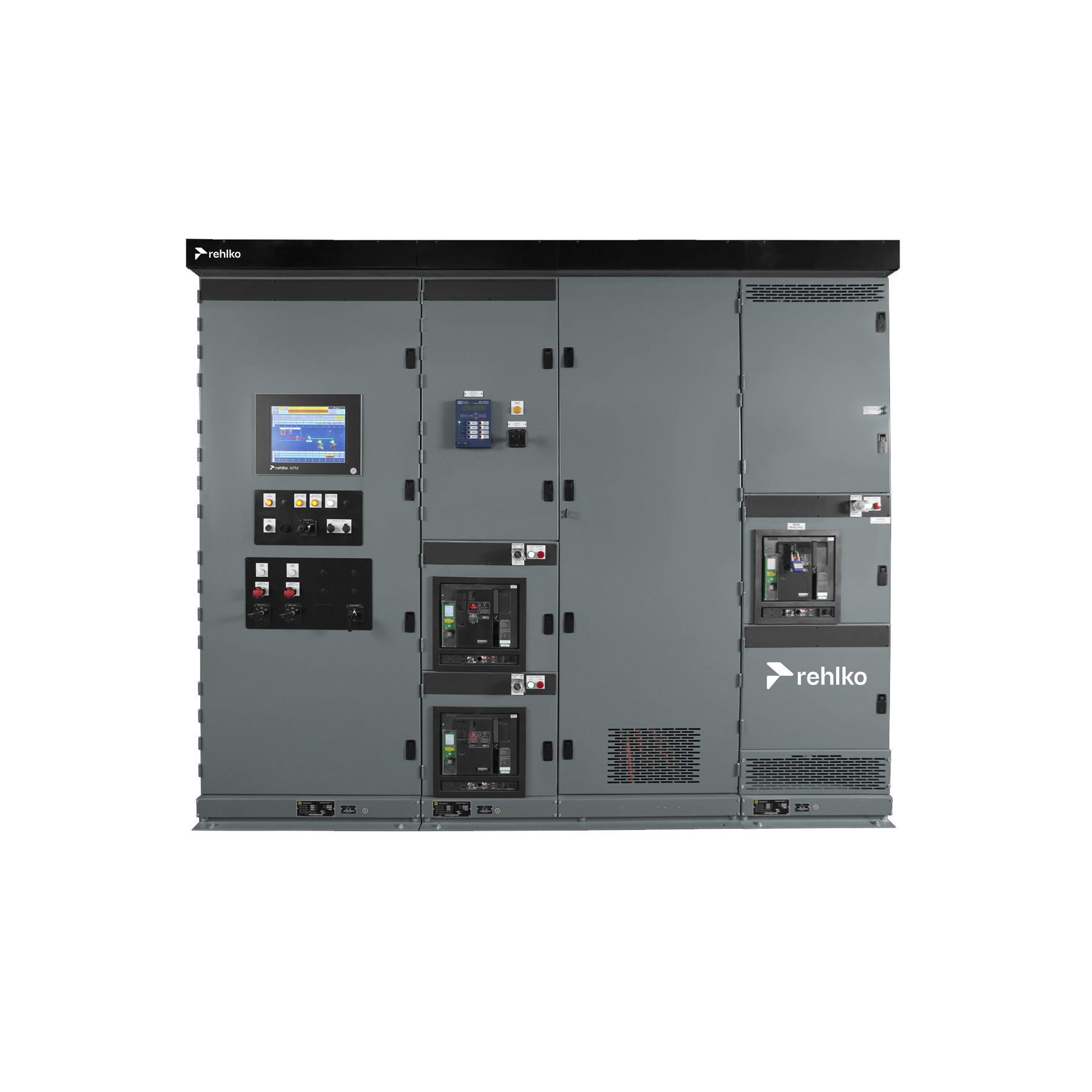 Zoomed-in view of a gray generator controller featuring a white Rehlko logo.