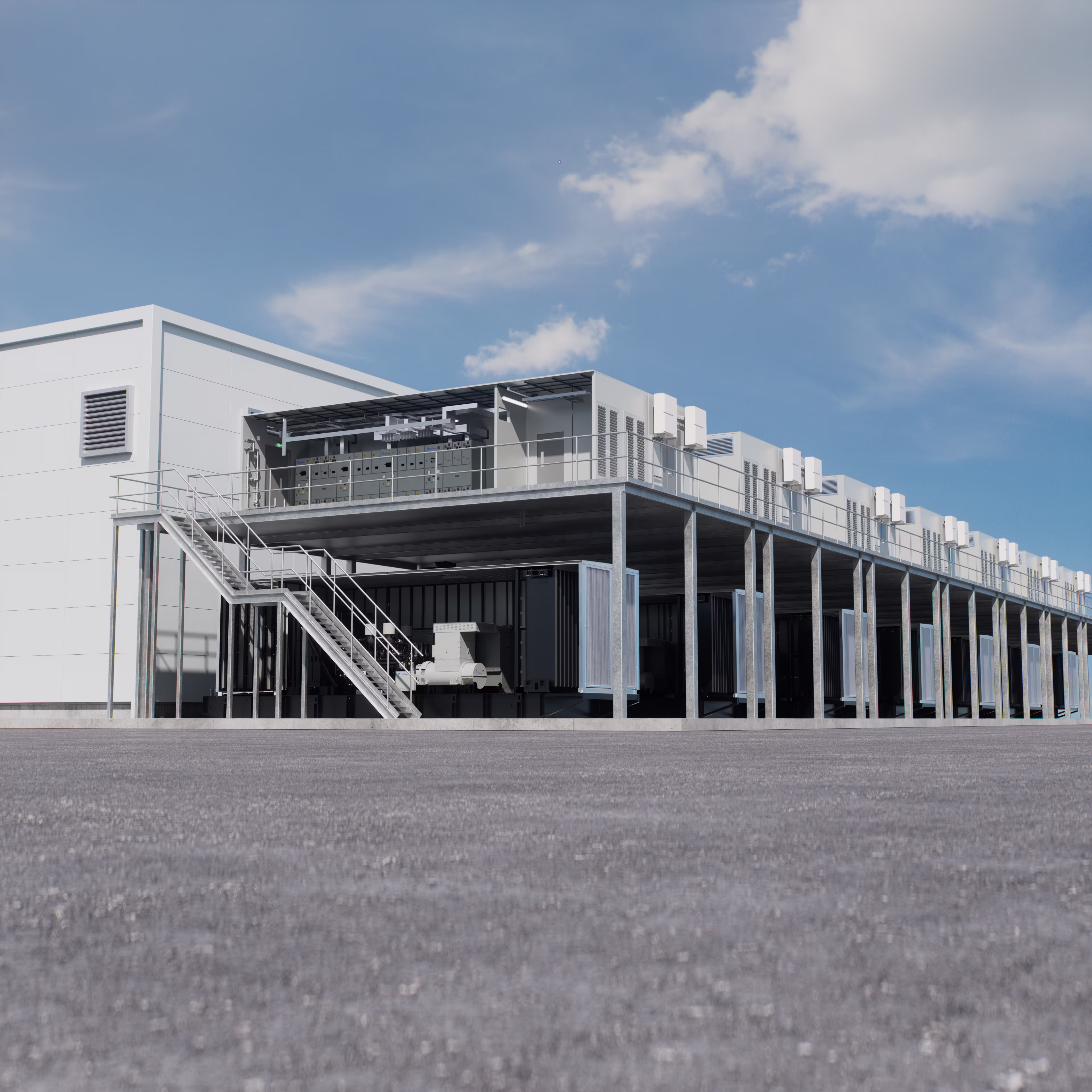 Modular data center backup power system with industrial generators, switchgear, and elevated infrastructure.