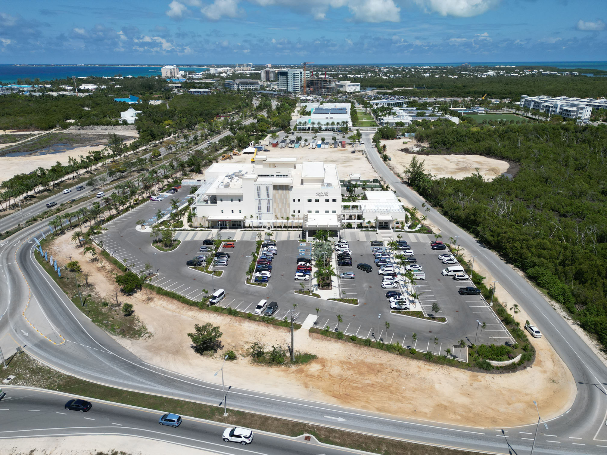 Aerial shot of Health City Hospital at Camana Bay