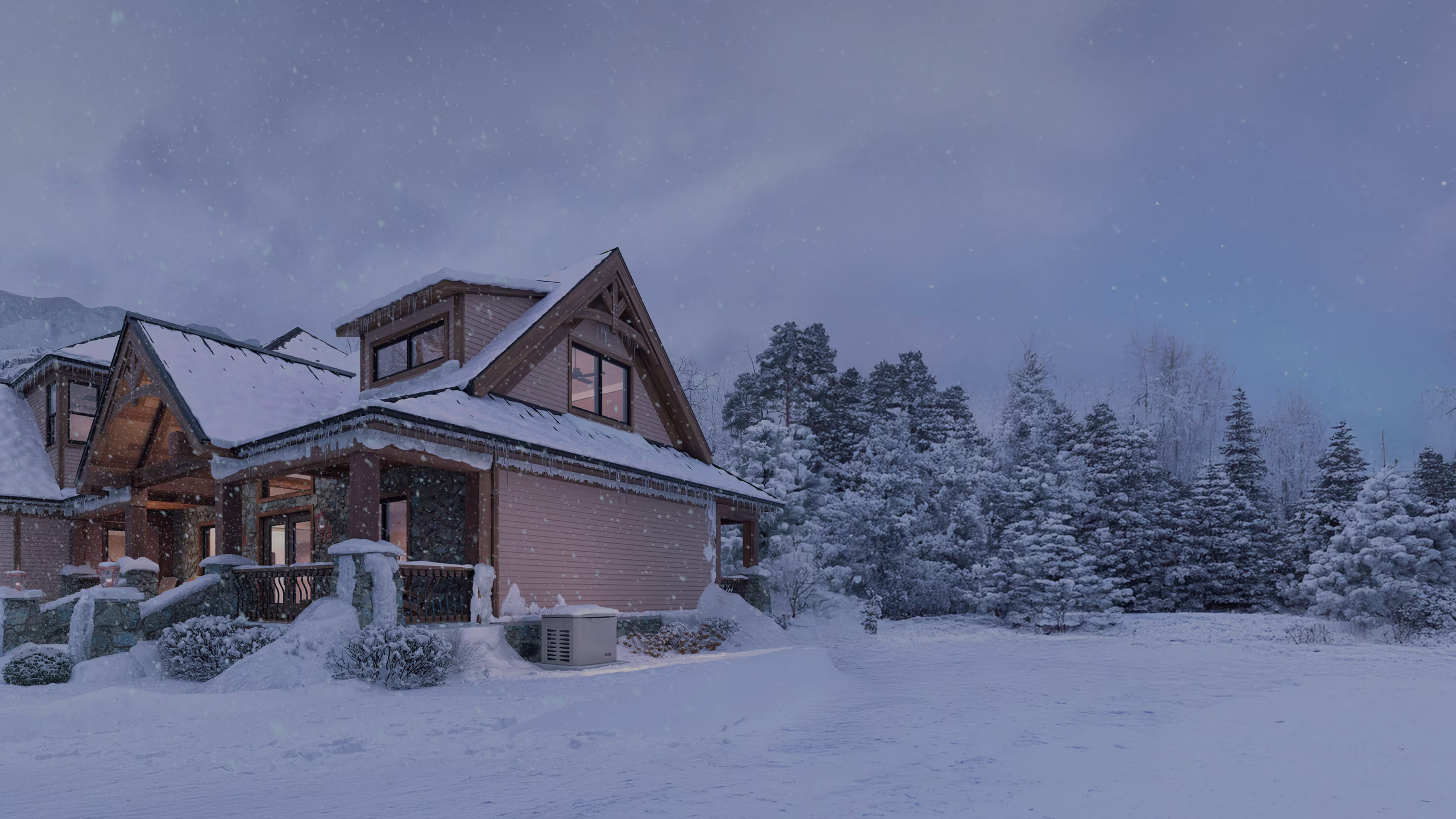 A cabin in heavy snow during daytime, with warm lights glowing inside. A generator is placed outside on the snow.