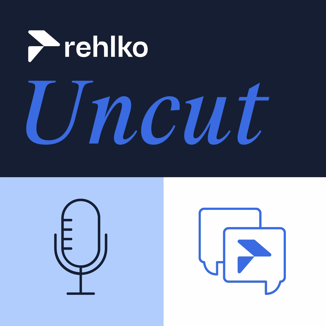 Logo for Rehlko's Uncut Podcast - White and blue square logo with the symbol of a microphone, the word uncut and Rehlko's logo.