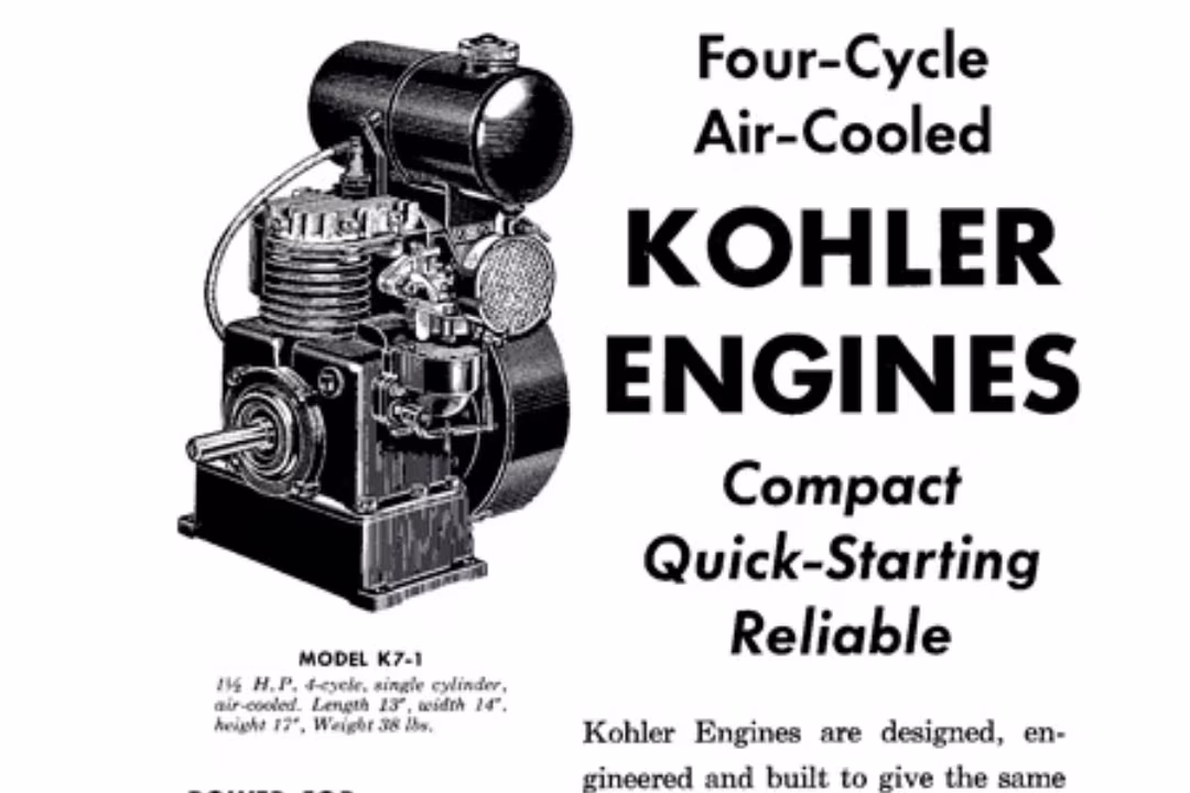 Image of an old style publicity with the image of an engine and the saying "Four-cycle, air-cooled Kohler Engines. Compact, quick-starting, reliable."