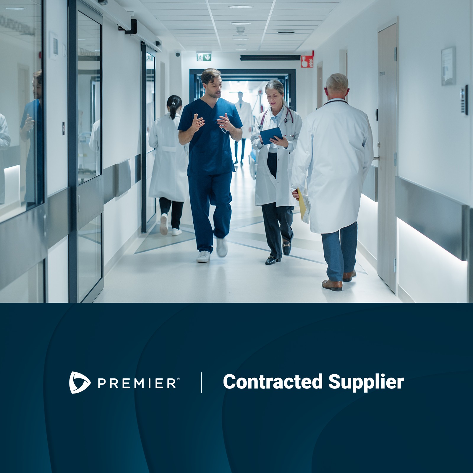 Thumbnail for the Premier Inc. healthcare company with the image of nurses and doctors in a hospital and the logo of Premier.