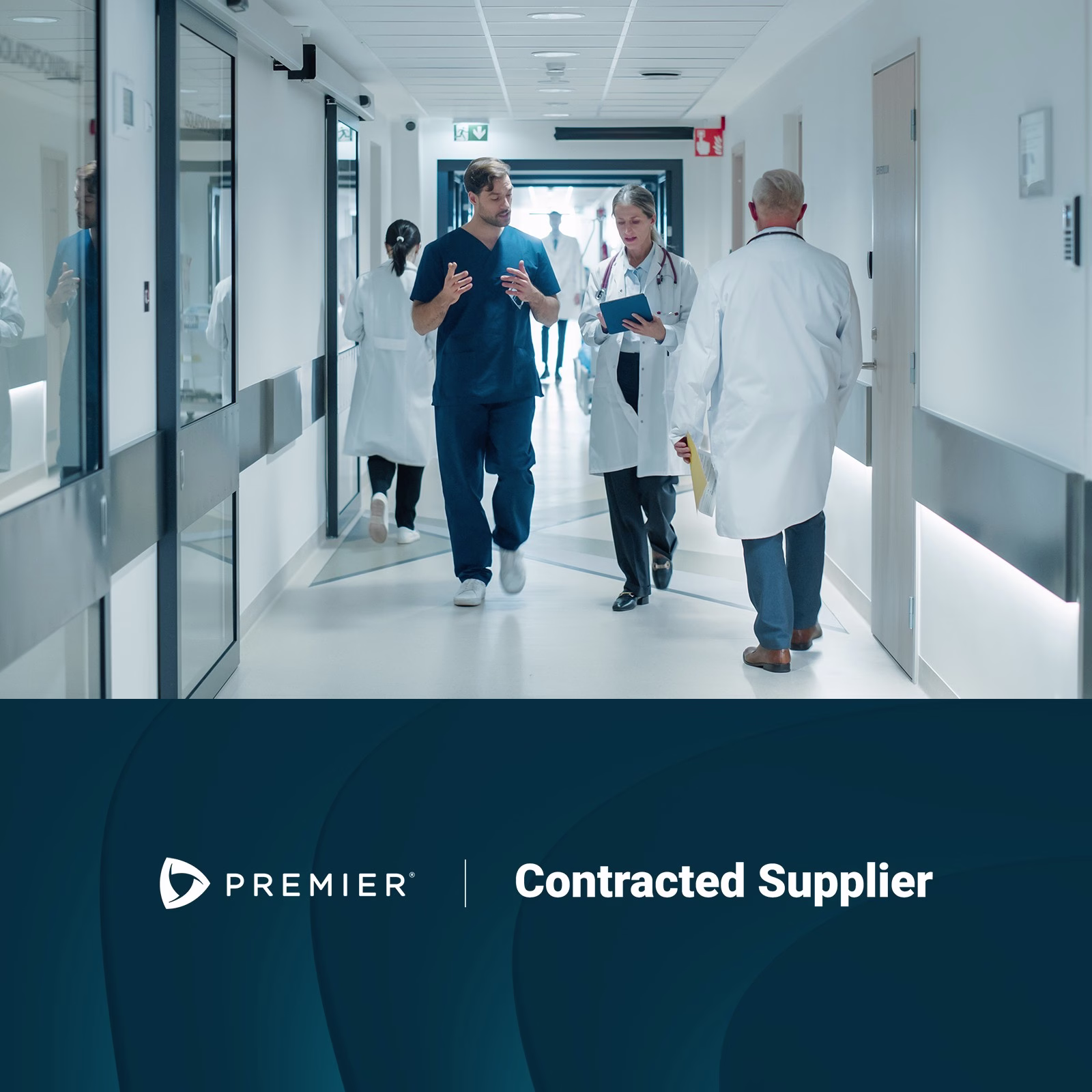 Thumbnail for the Premier Inc. healthcare company with the image of nurses and doctors in a hospital and the logo of Premier.
