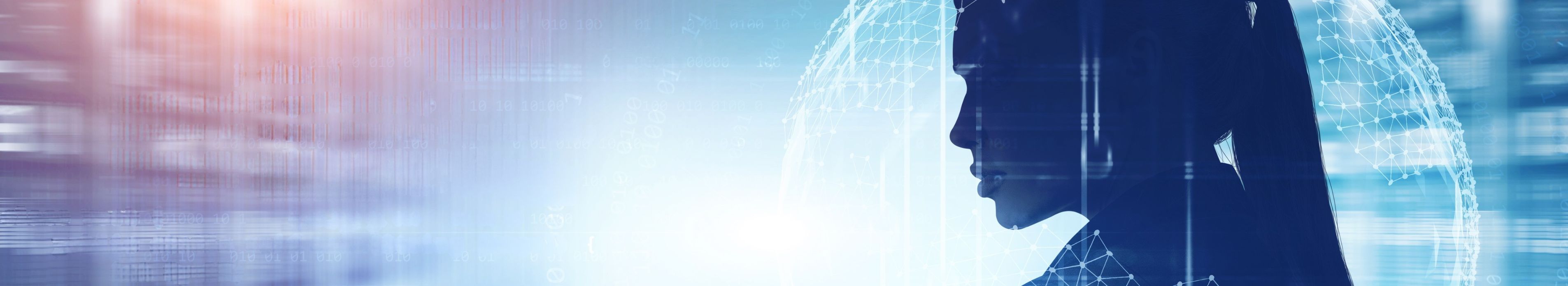 Silhouette of a woman in profile overlaid with digital grid lines and a glowing globe, symbolizing women’s impact in technology and global progress.