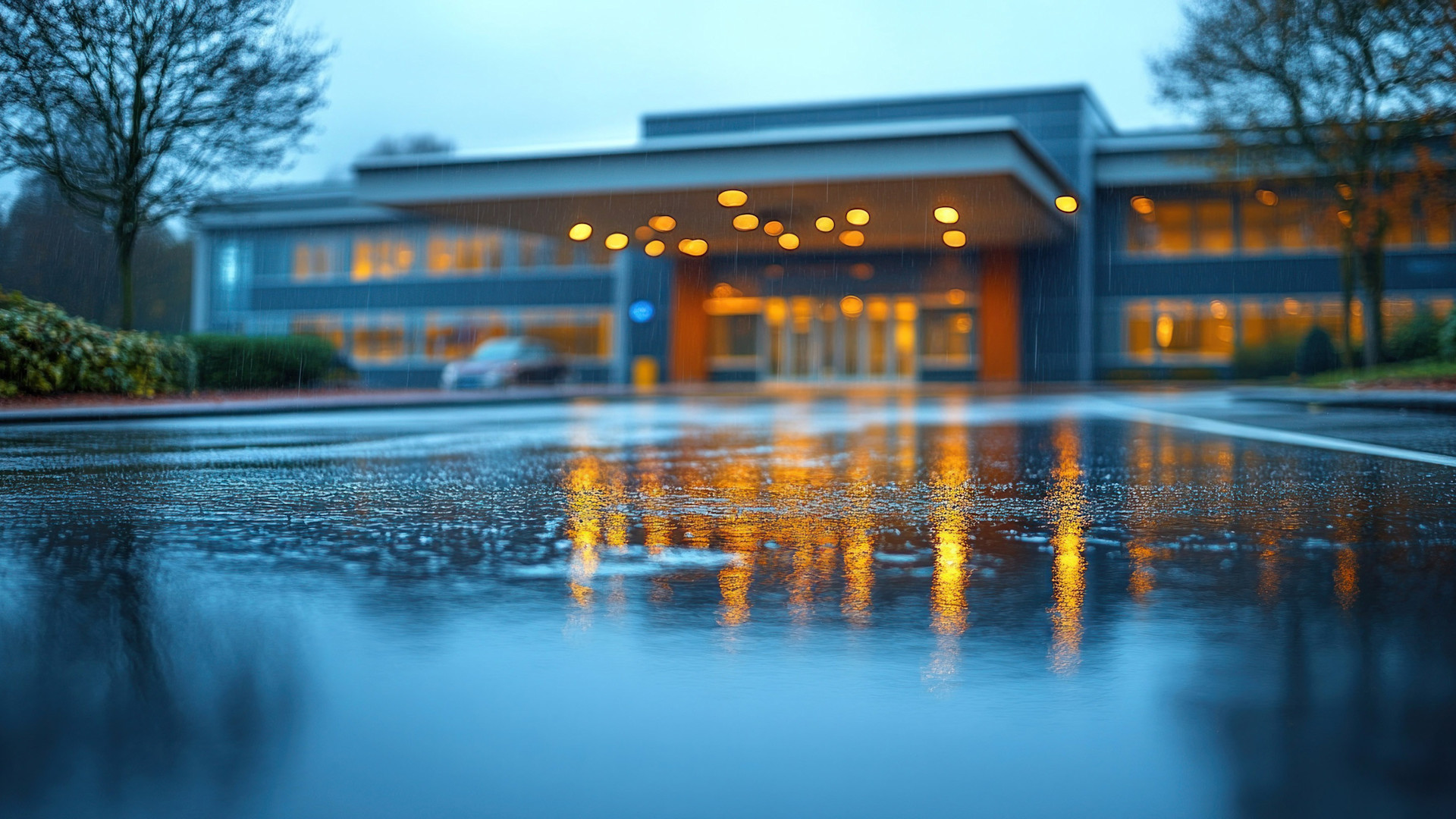 Ground level shot of a building with lights on on a cloudy day