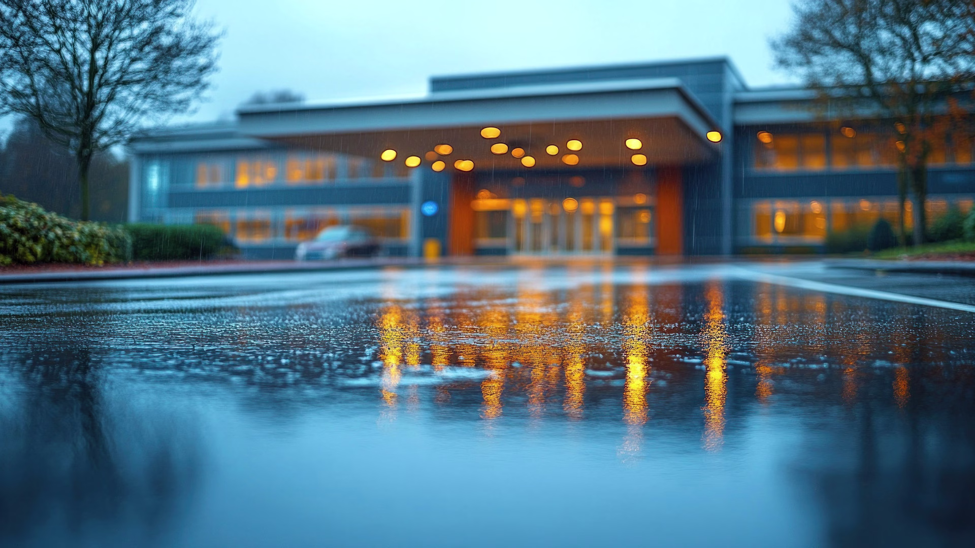 Ground level shot of a building with lights on on a cloudy day
