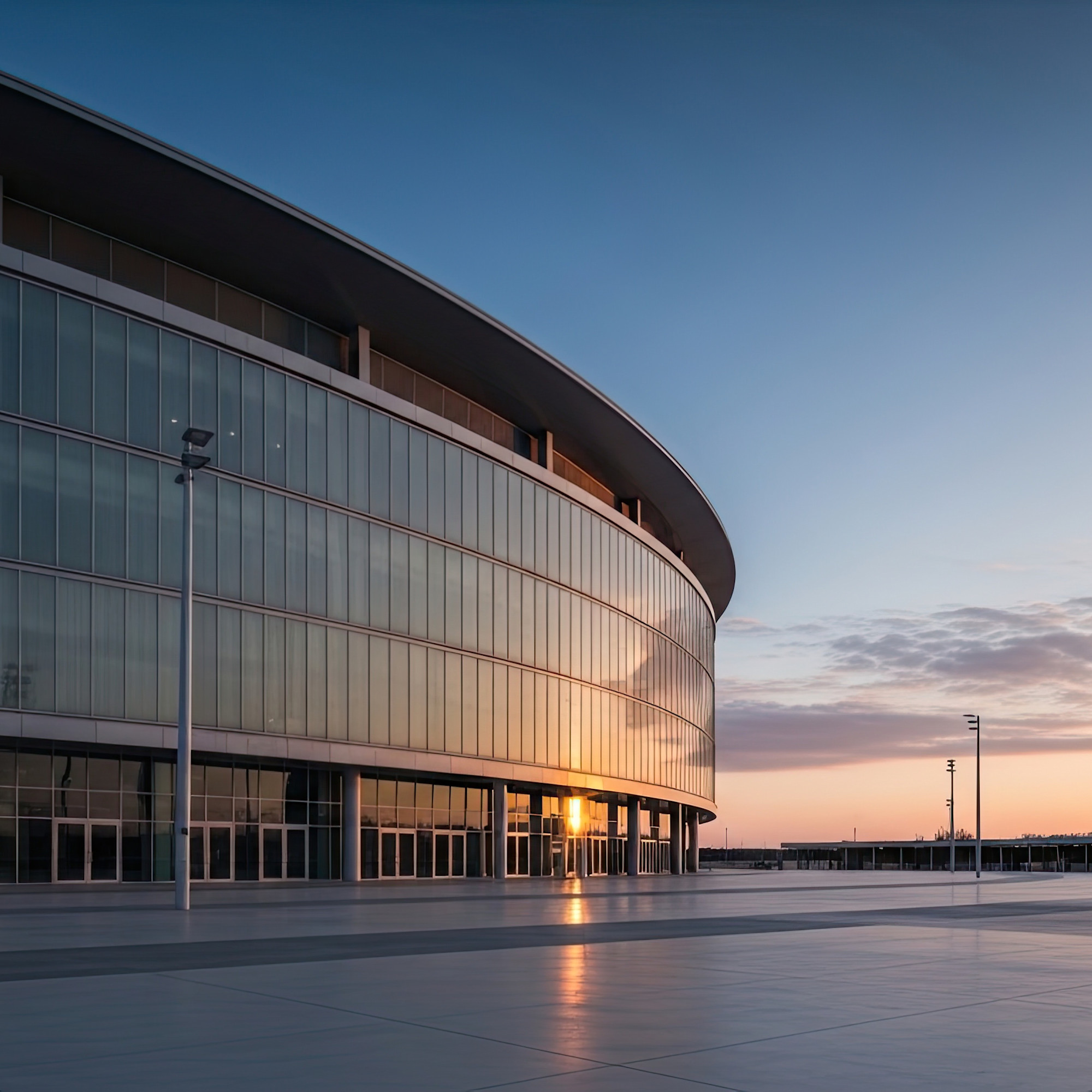 Sports arena at sunset.