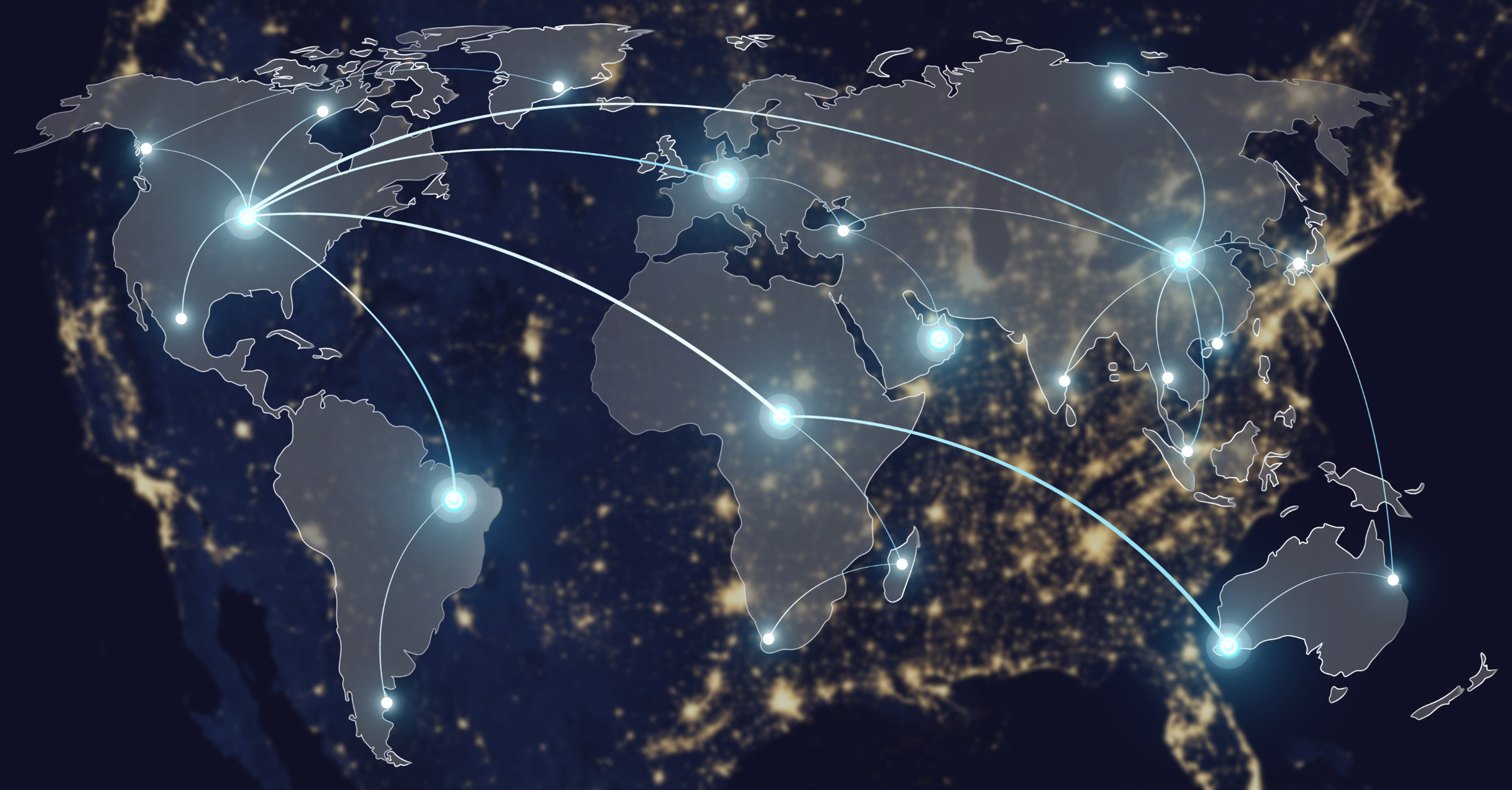 World map in blue with lines and arrows connecting the continents.