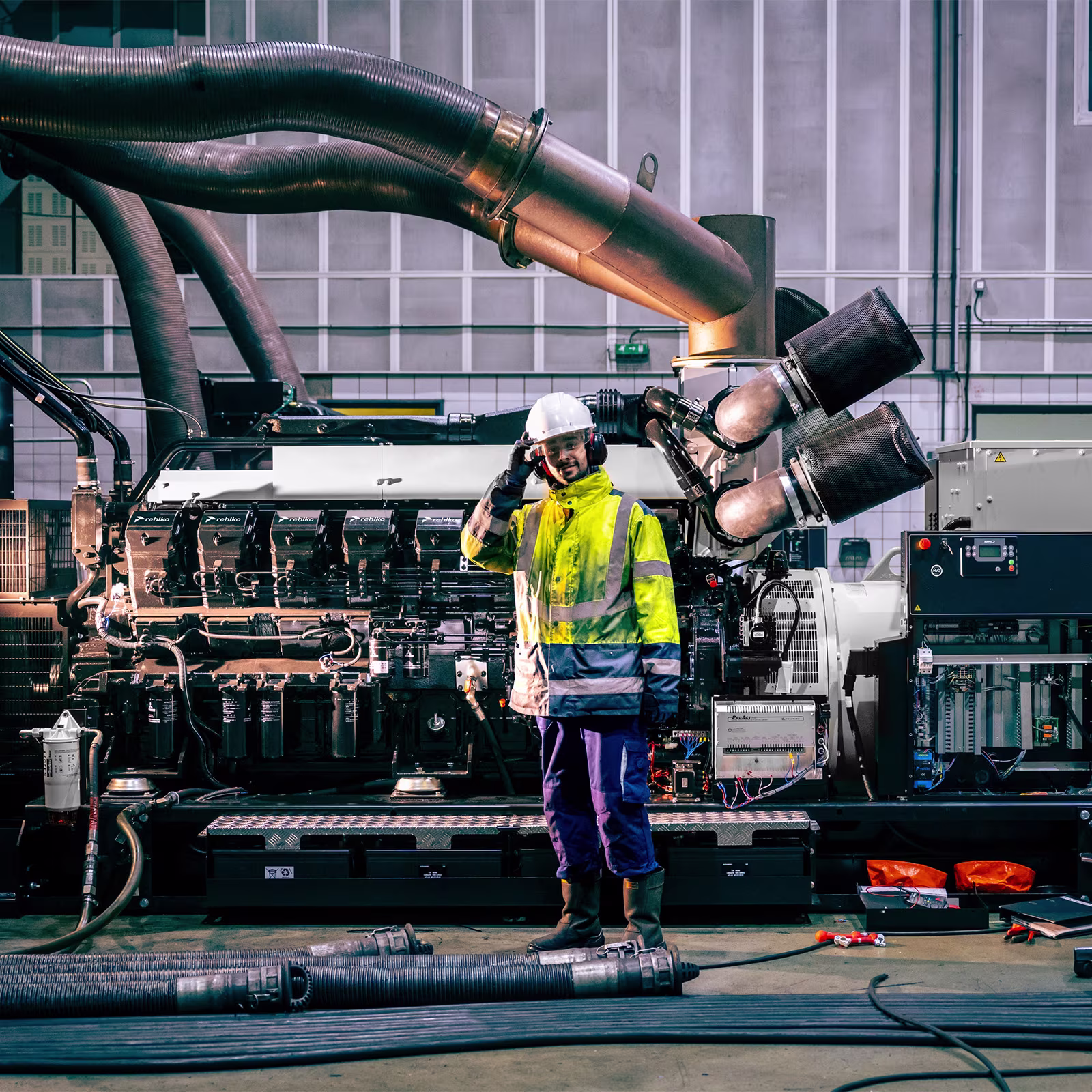Worker wearing a yellow hat standing in front of a generator