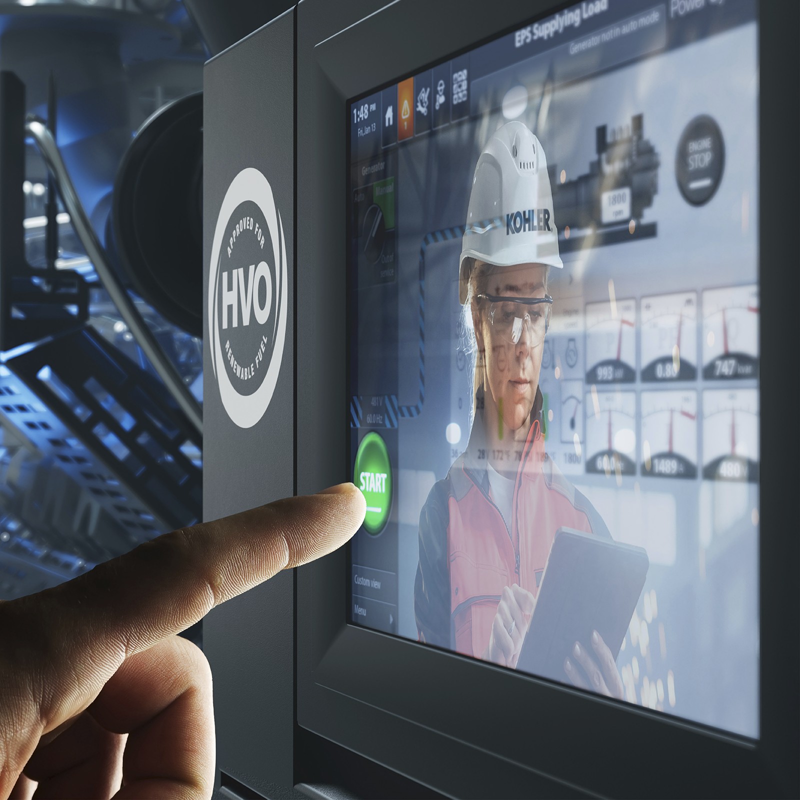 Person pressing a button on a touchscreen monitor with the HVO logo and woman with Rehlko helmet