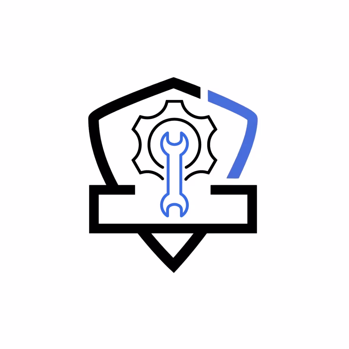 Black and Blue graphic shield-shaped logo withBlack and Blue graphic shield shaped logo with gear wheel and wrench in the center.