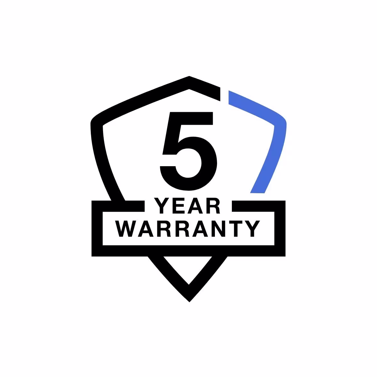 Black and Blue graphic shield-shaped logo with 5 Year Warranty written in the center.