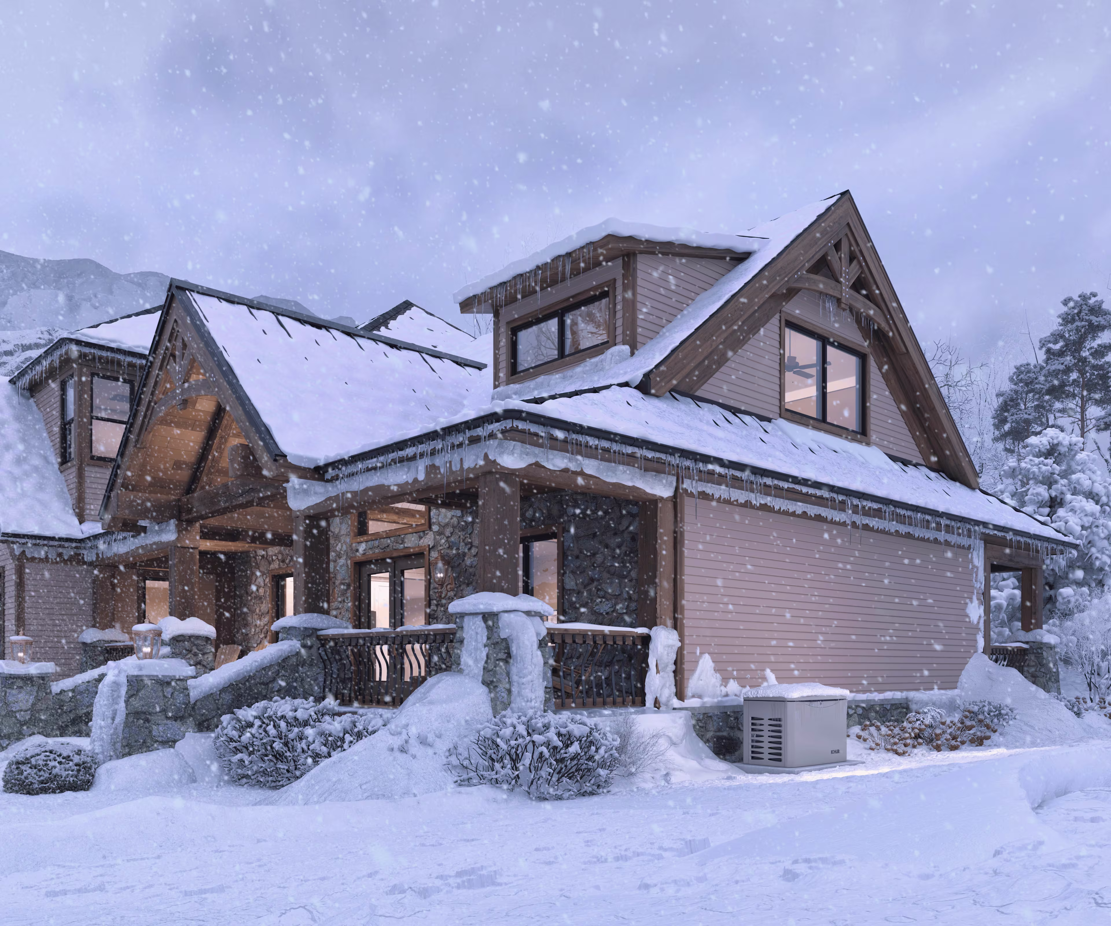 A cabin in heavy snow during daytime, with warm lights glowing inside. A generator is placed outside on the snow.