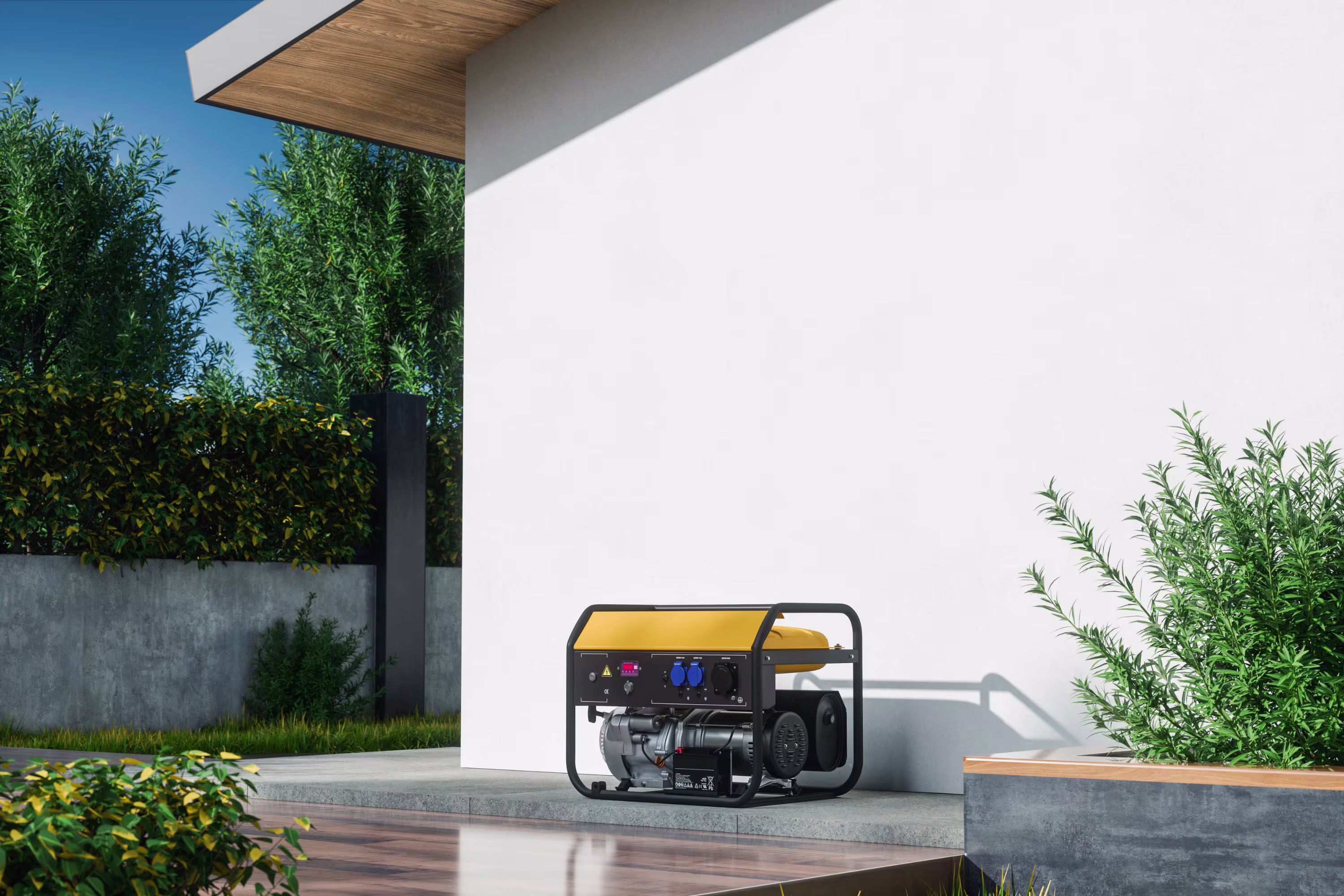 A gas powered generator outside the wall of a home.
