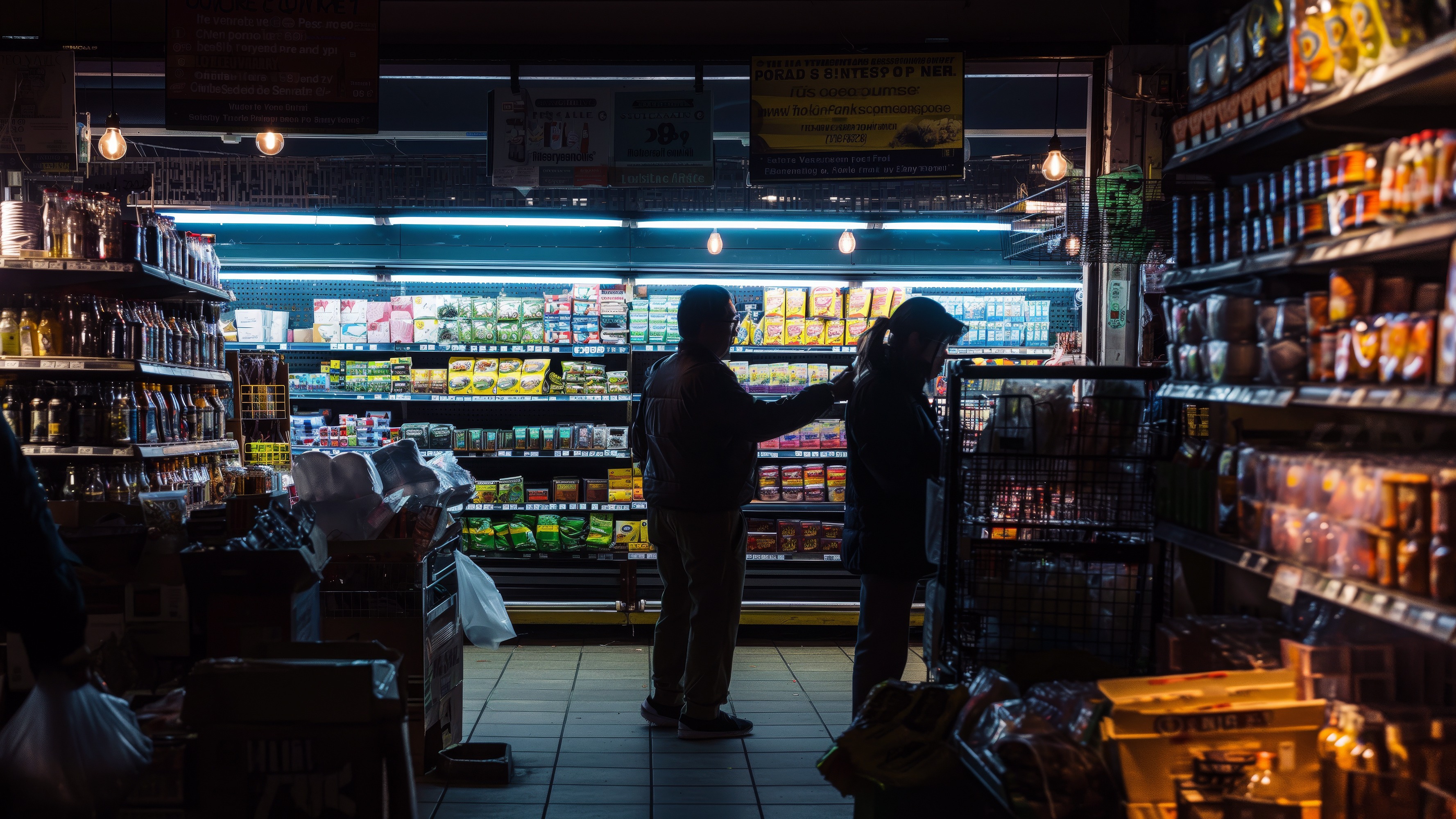 Two people looking at shelves in a grocery store in the dark