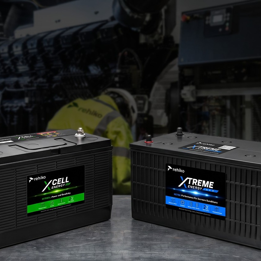 Two batteries (Rehlko XCELL Energy and Rehlko XTREME Energy) on a workbench in a power generation facility.