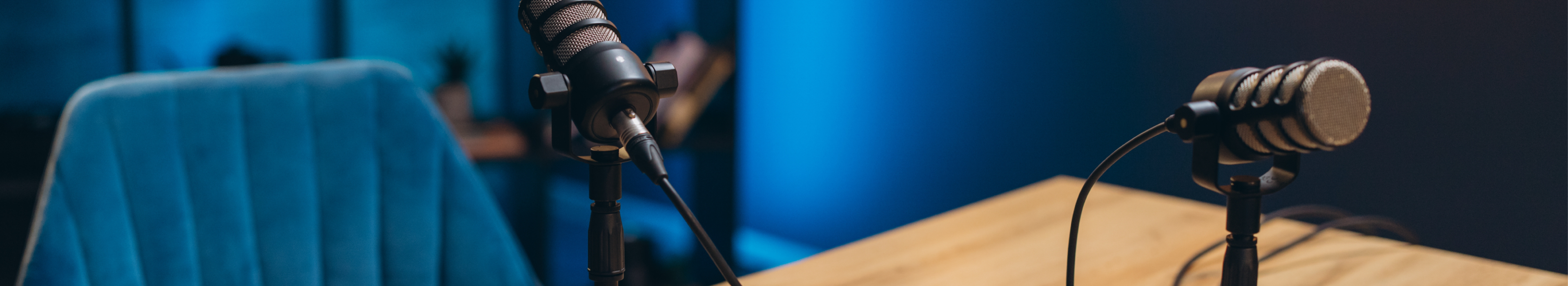 Close up image of a podcast microphone