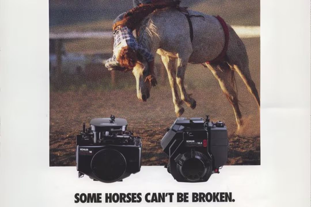 A colored photo picturing a man getting tossed from a wild horse. In the bottom of the image, there are two black cameras and the saying "some horses can't be broken.".